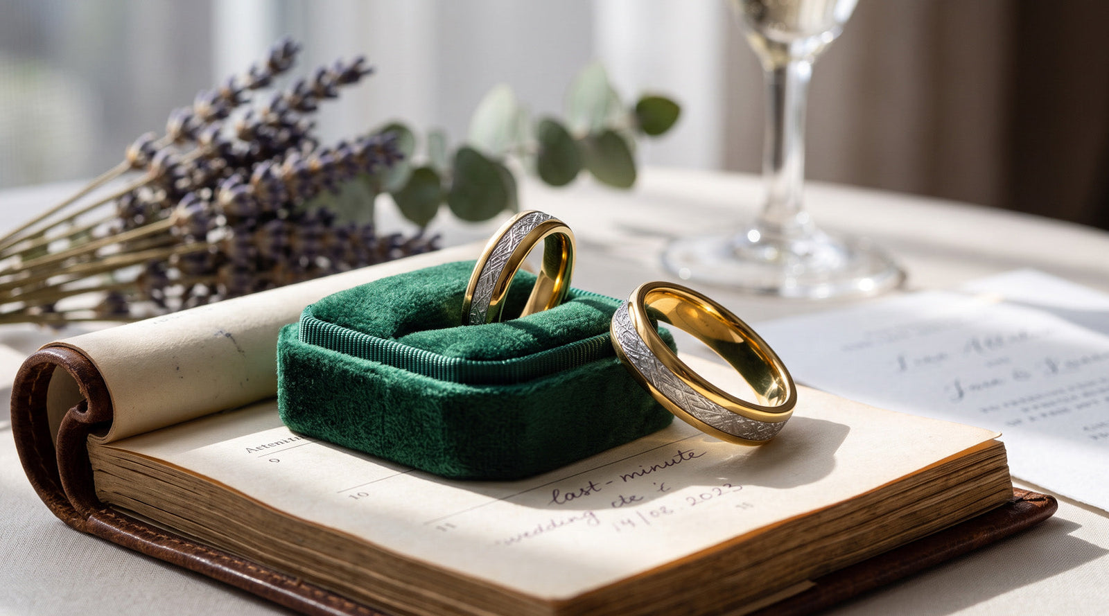 2 Tungsten gold opal inlay wonder rings on a book