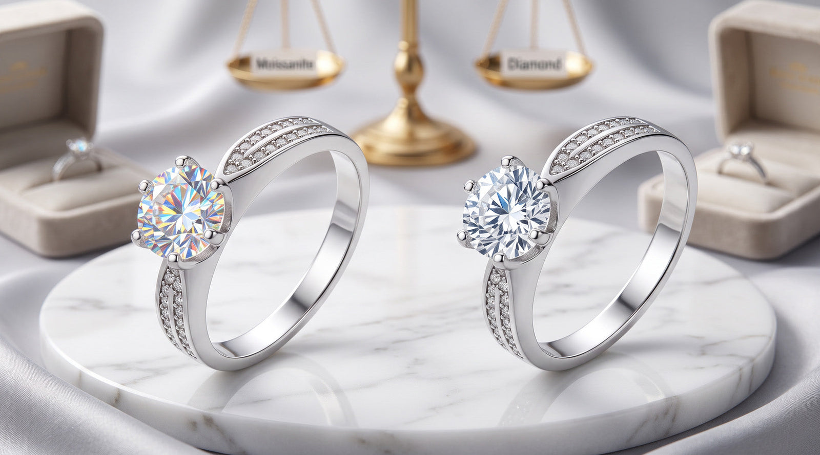 Moissanite Dazzle Ring next to Dimond Ring