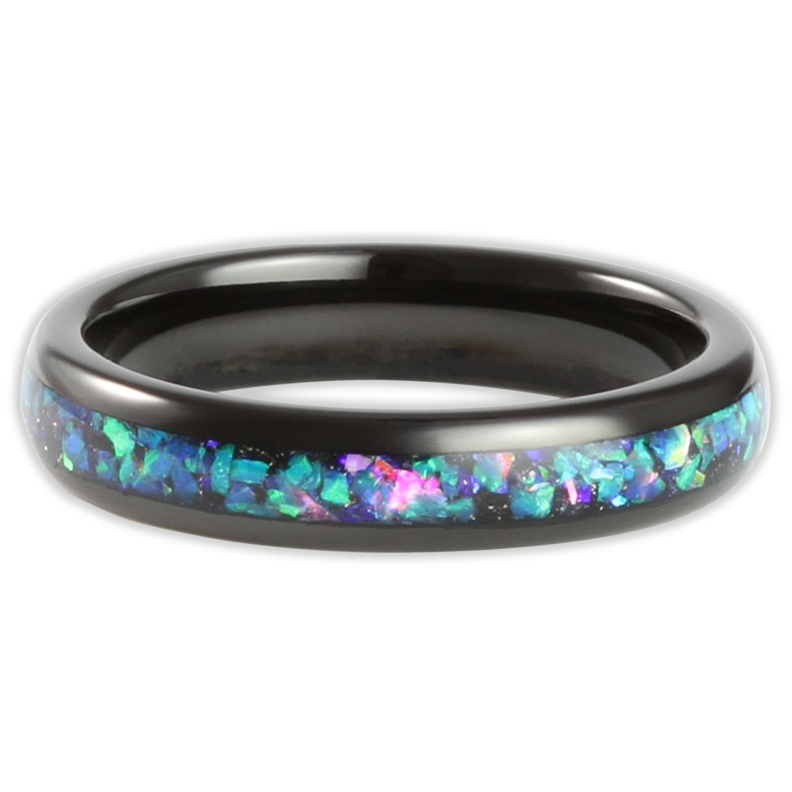 Top view of black tungsten 4mm ring with crushed blue and green opal insert