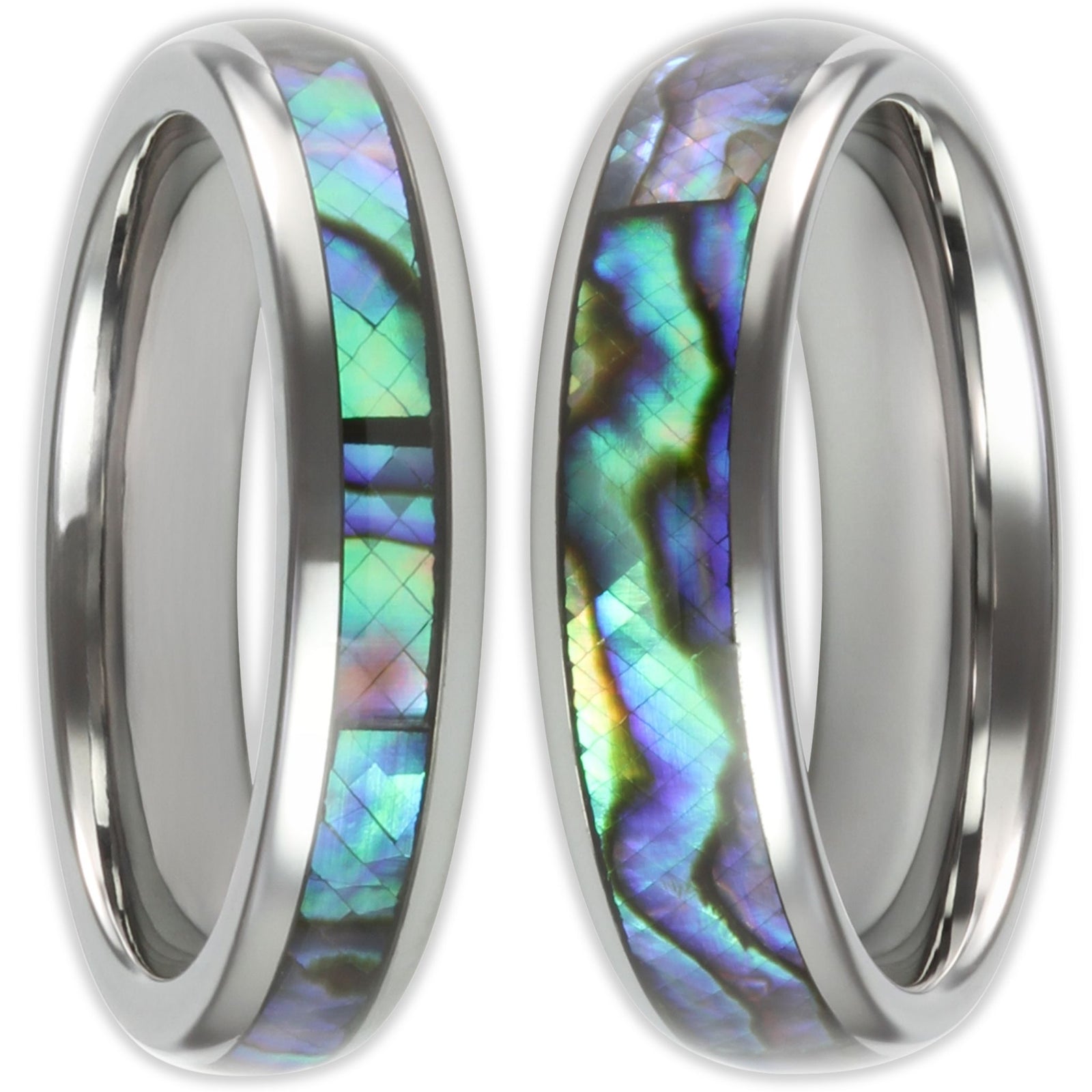 Front view of Neptune tungsten iridescent ring with mother-of-pear inlay in 6mm and 4mm band