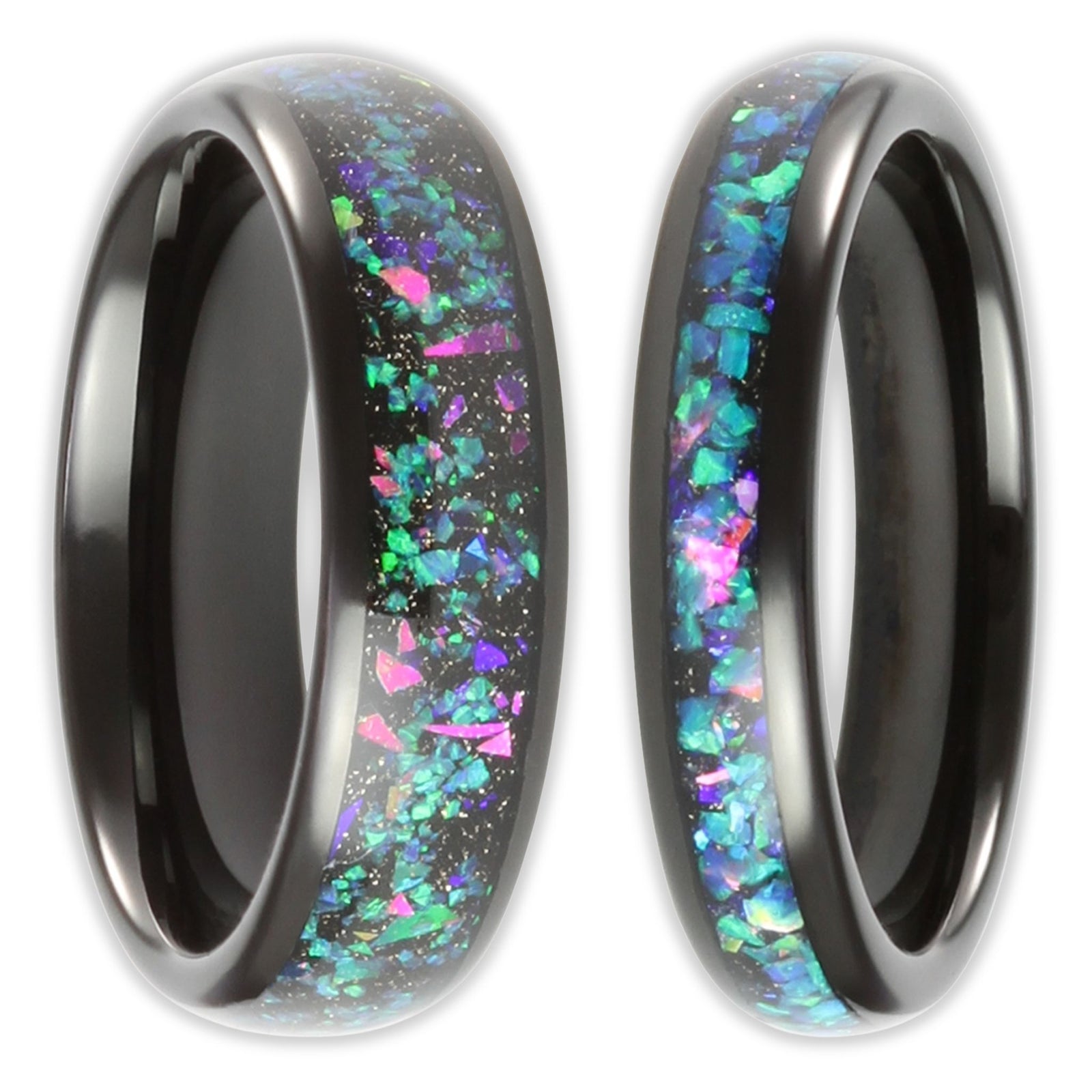 Front view of black tungsten ring with blue and green opal inlay and polished domed finish in 4mm and 6mm band