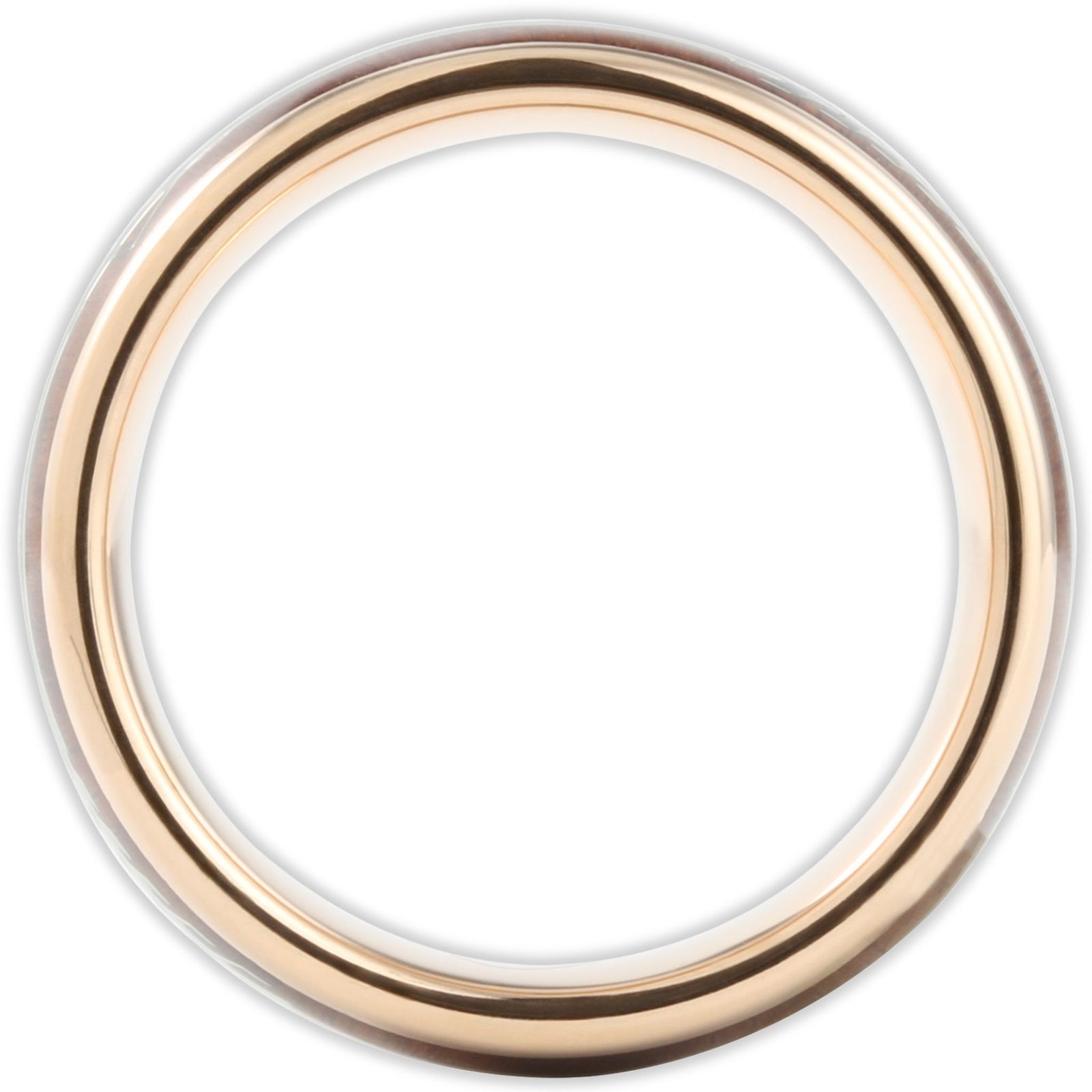 Side profile of rose gold tungsten ring showing 8mm band depth and inlay structure