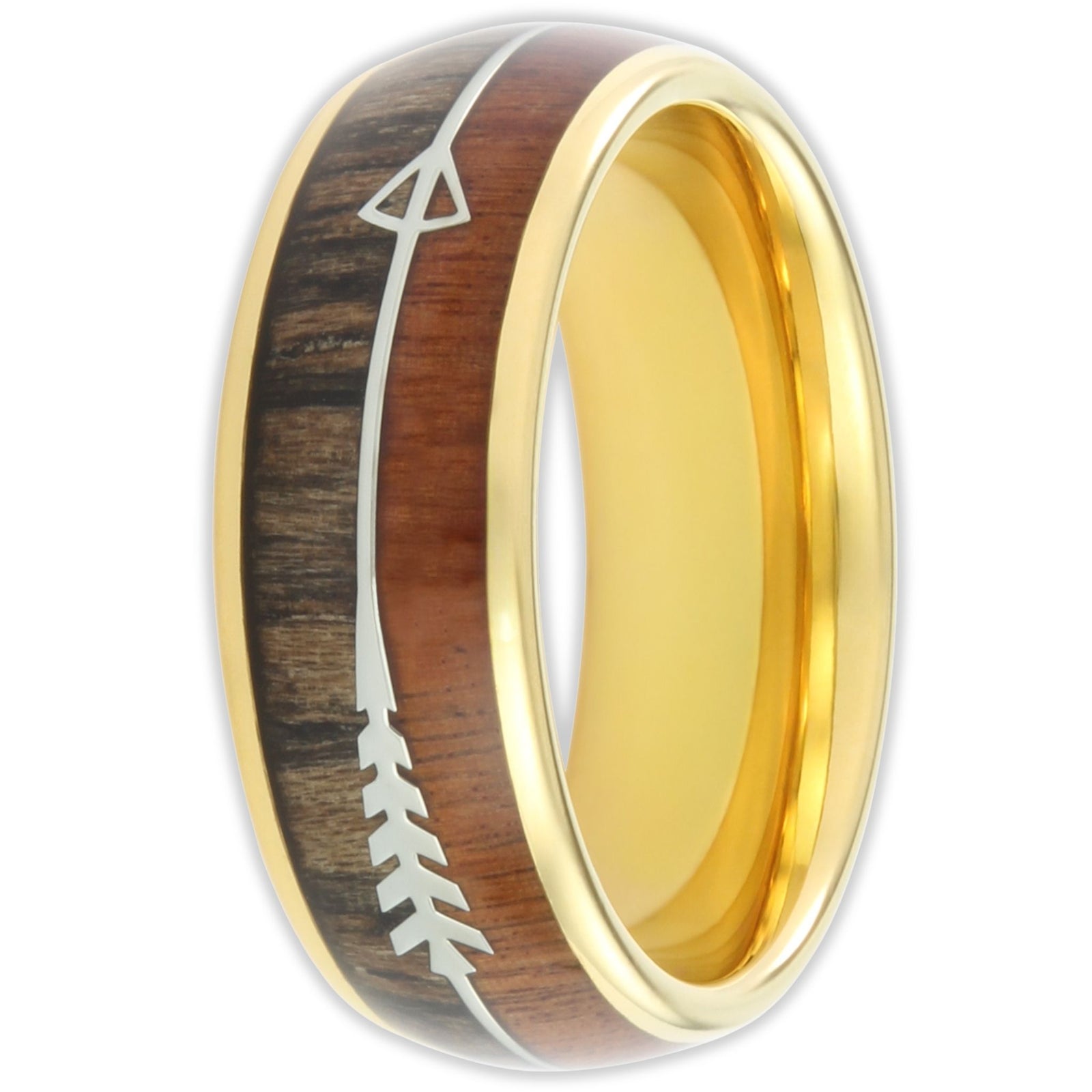 Front view of gold tungsten ring with arrow design over wood inlay in 8mm band