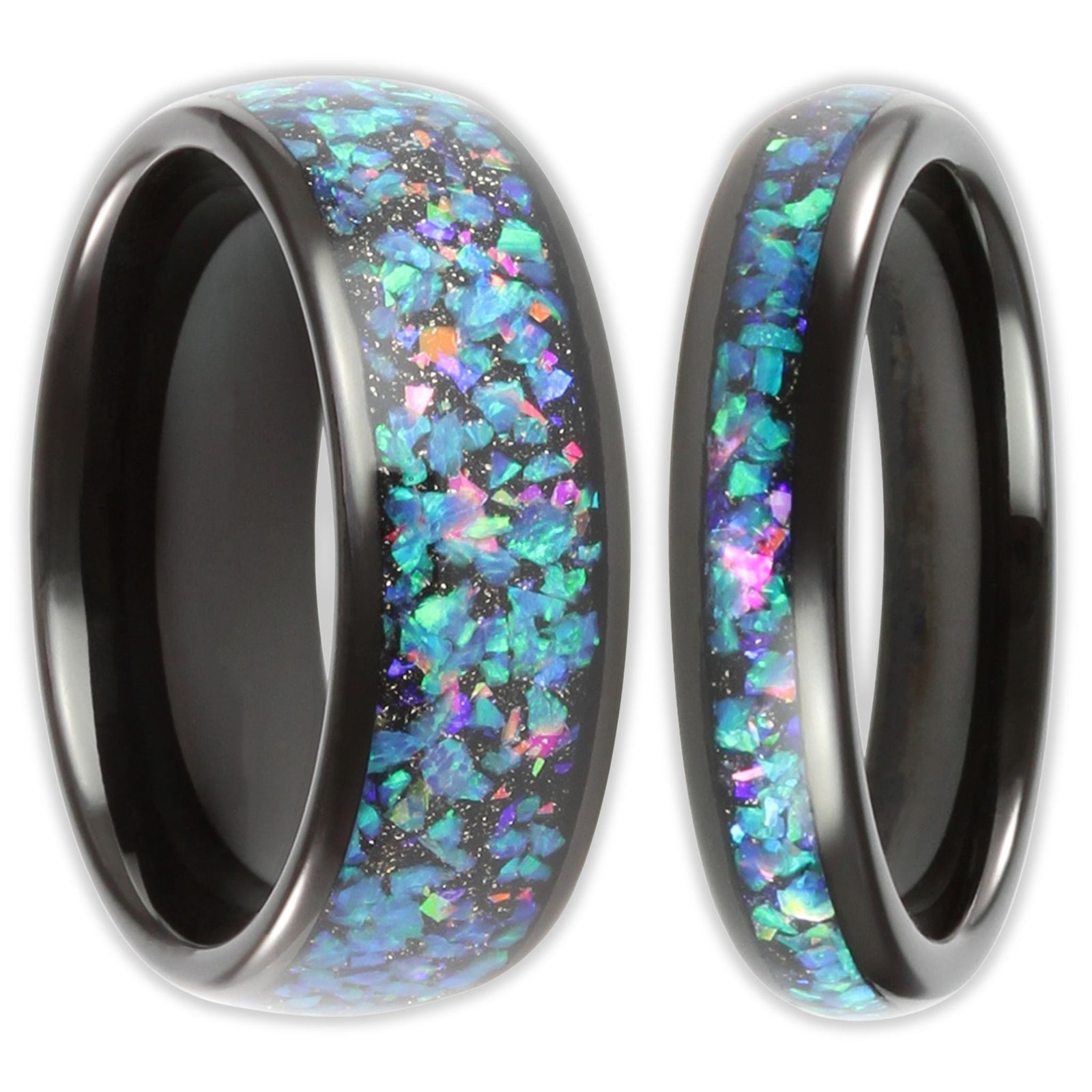 Front view of black tungsten ring with blue and green opal inlay and polished domed finish in 8mm and 8mm band
