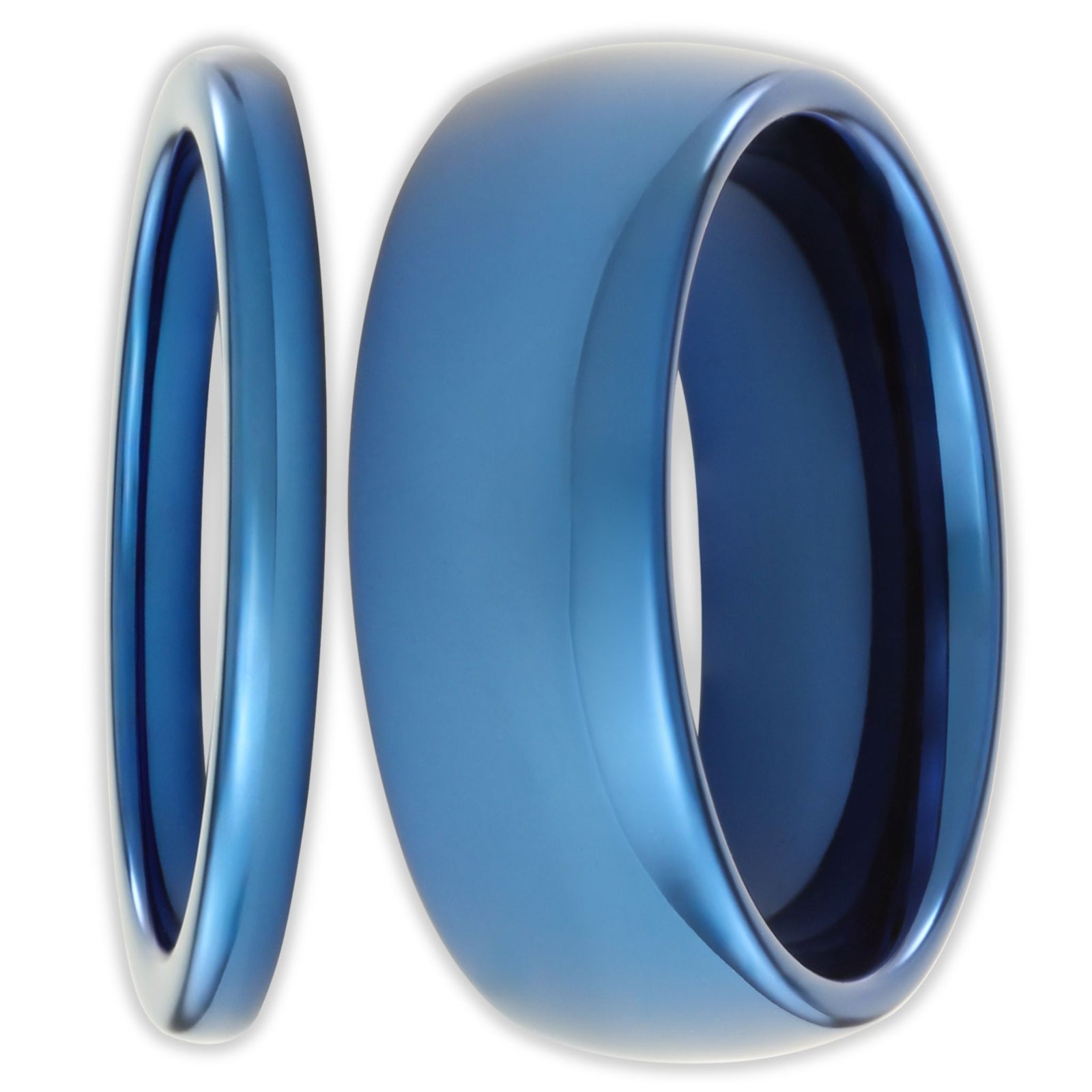 Front view of blue tungsten rings with smooth polished finish and 8mm and 2mm bands