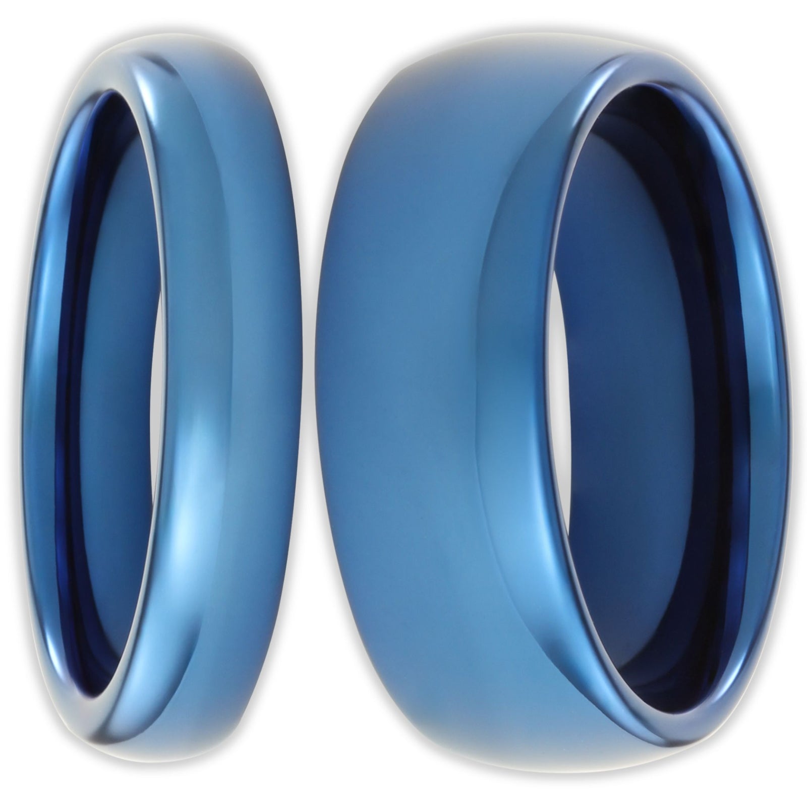 Front view of blue tungsten rings with smooth polished finish and 8mm and 4mm bands