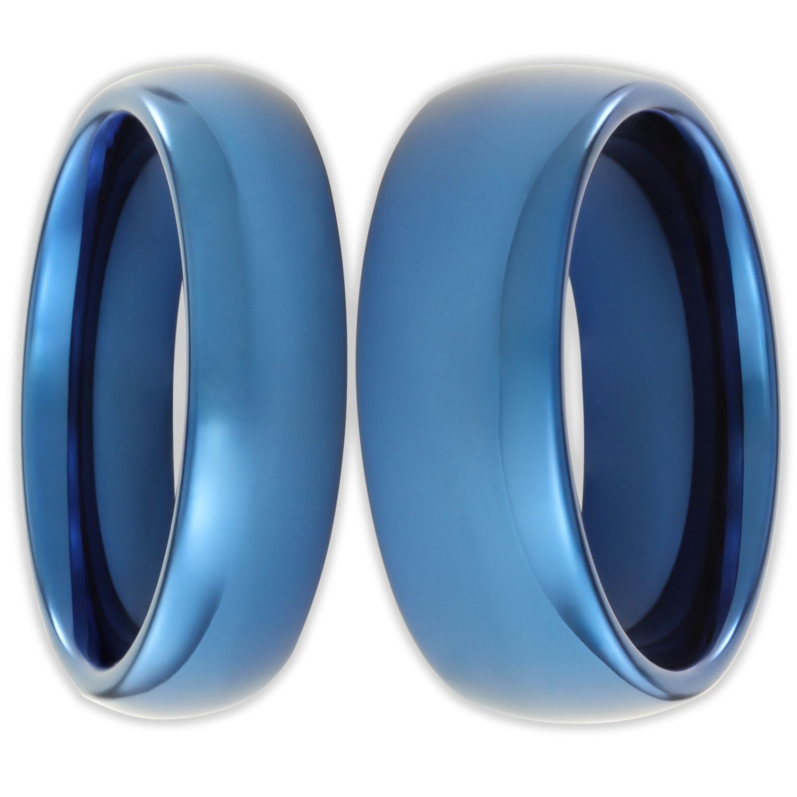 Front view of blue tungsten rings with smooth polished finish and 8mm and 6mm bands