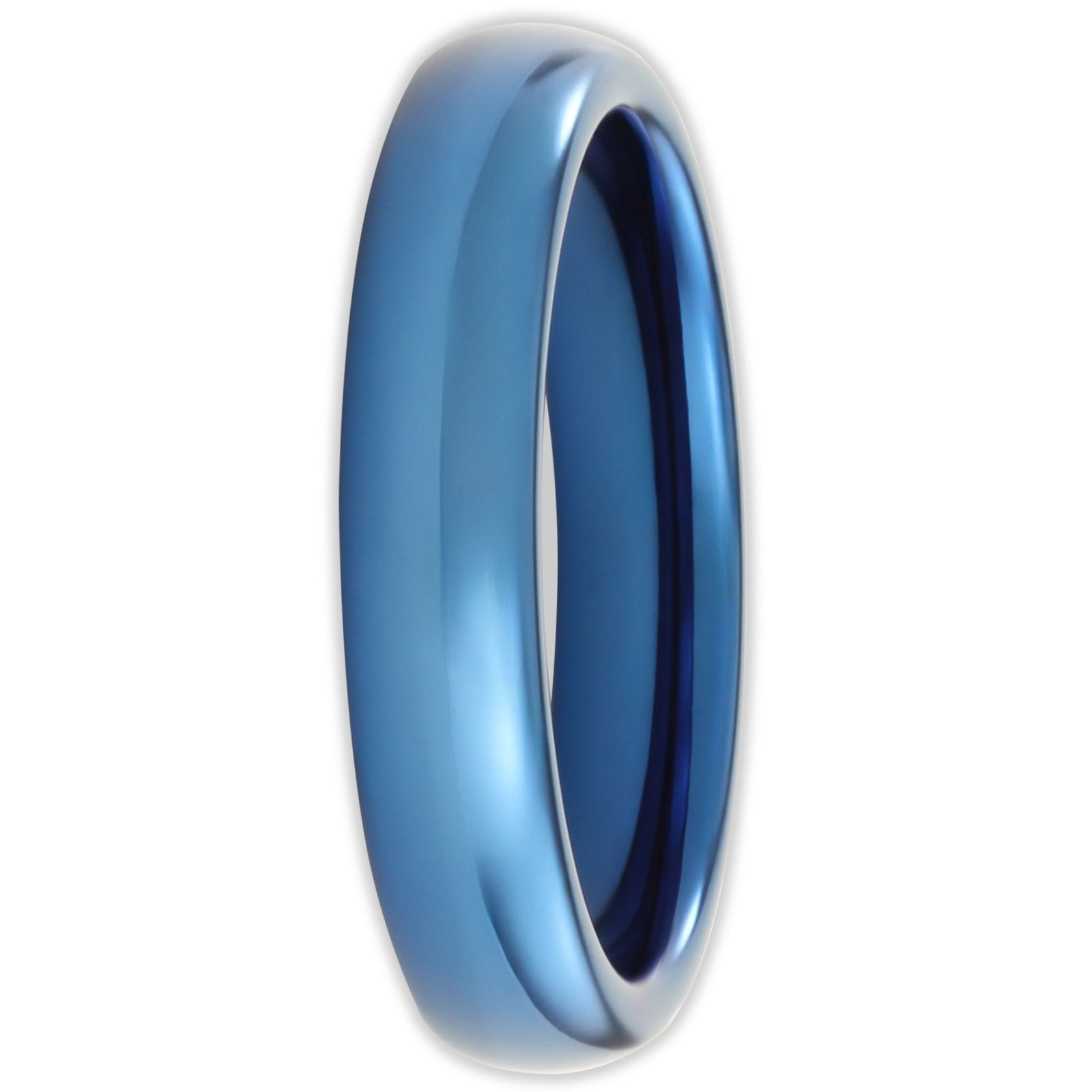 Front view of blue tungsten ring with smooth polished finish and 4mm band