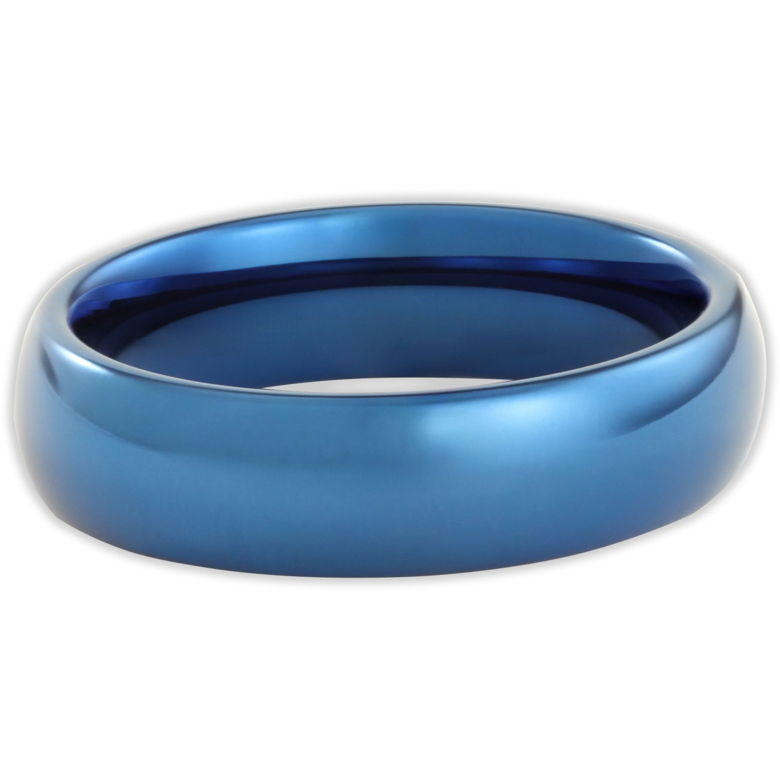 Top view of blue tungsten 6mm ring with high-shine polished surface