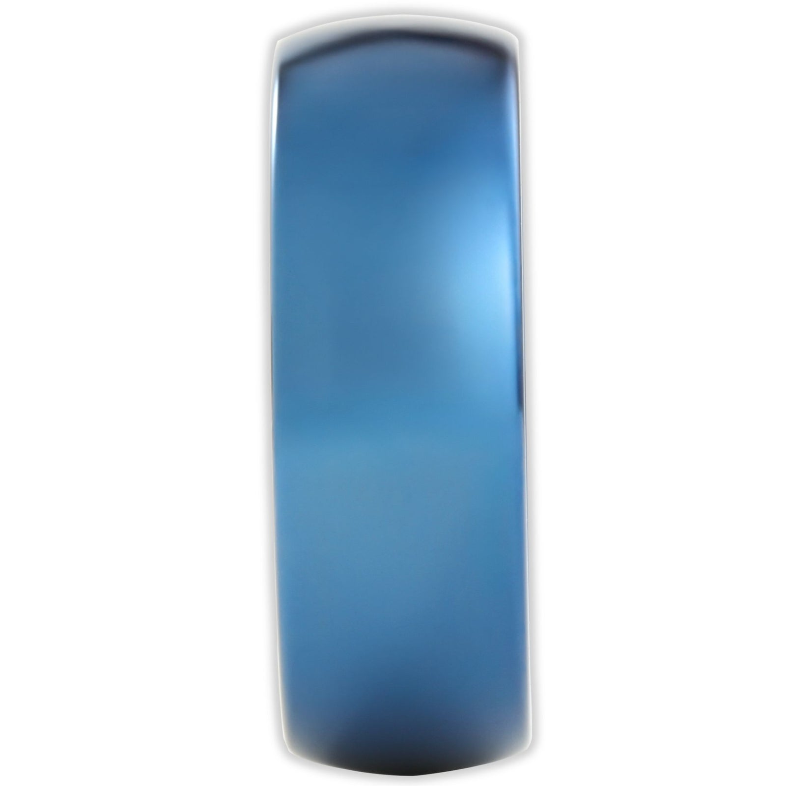 End view of blue tungsten ring showing 8mm band width and rounded comfort-fit design