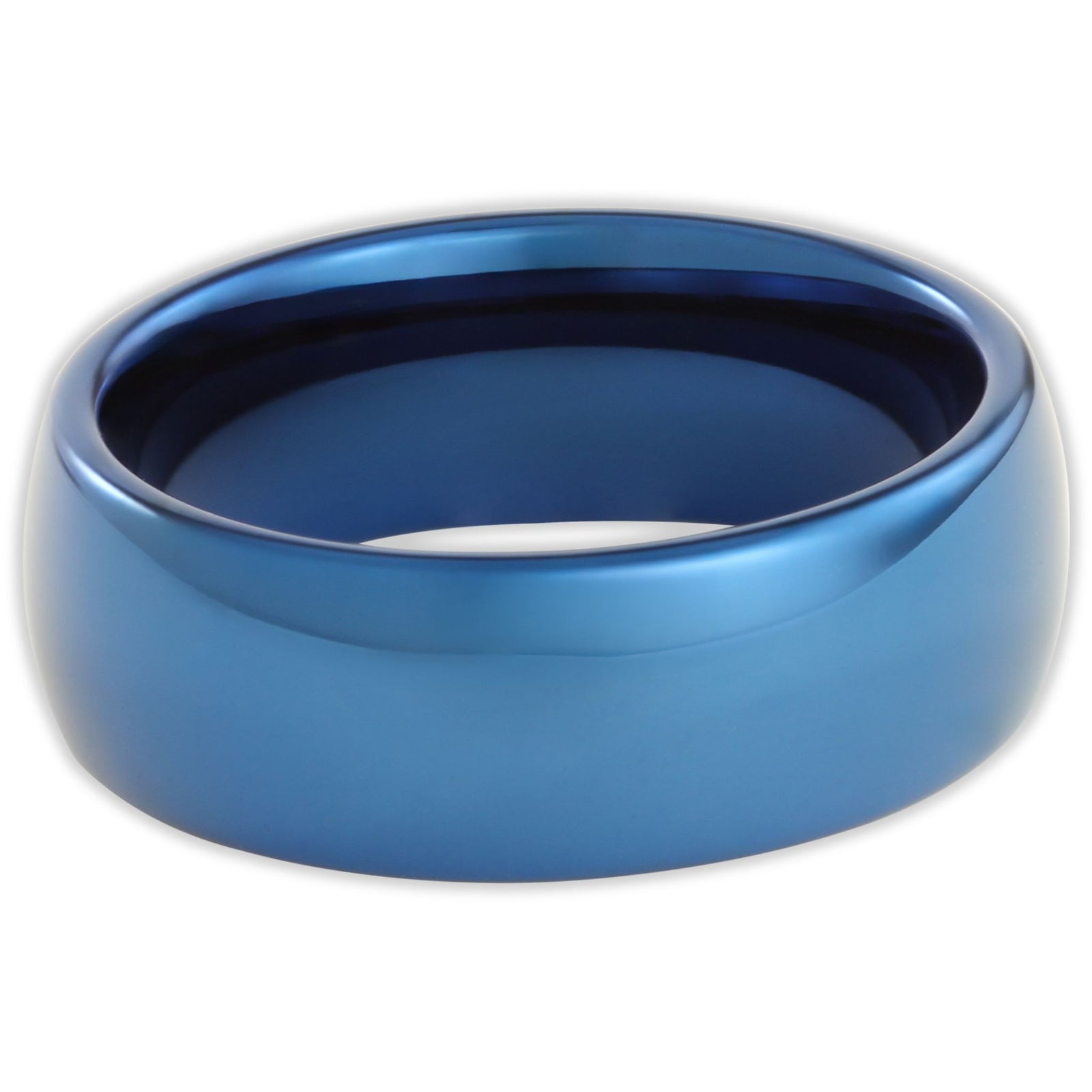 Top view of blue tungsten 8mm ring with high-shine polished surface