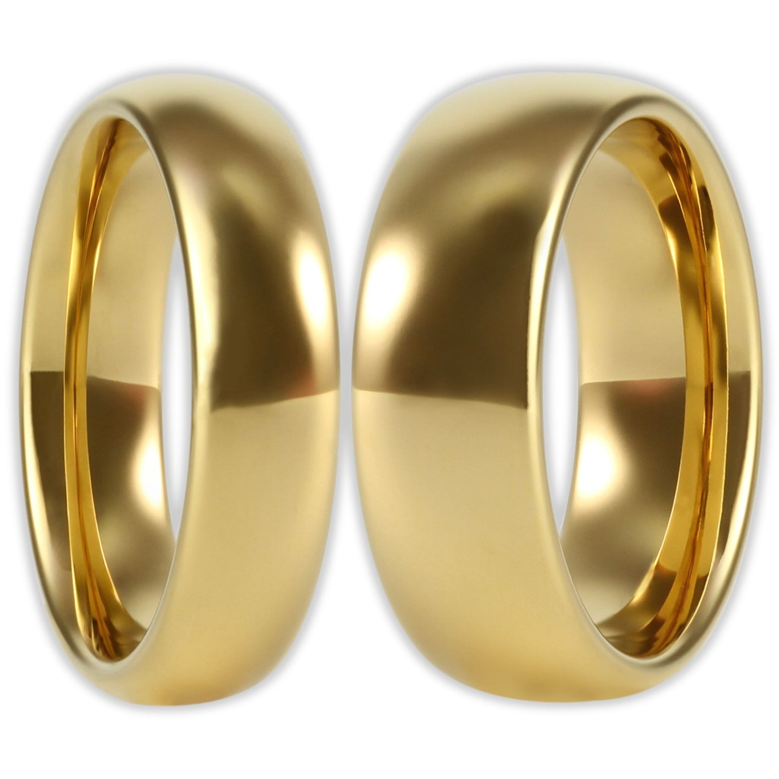 Front view gold tungsten ring with smooth polished finish and 6mm and 8mm bands