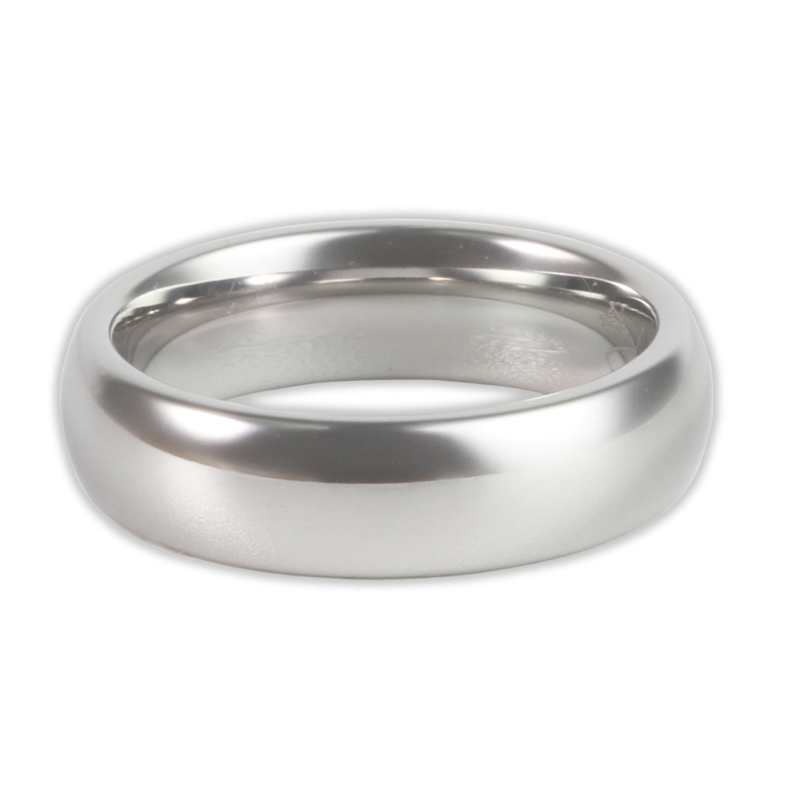 Top view of white gold tungsten 6mm ring with high-shine polished surface