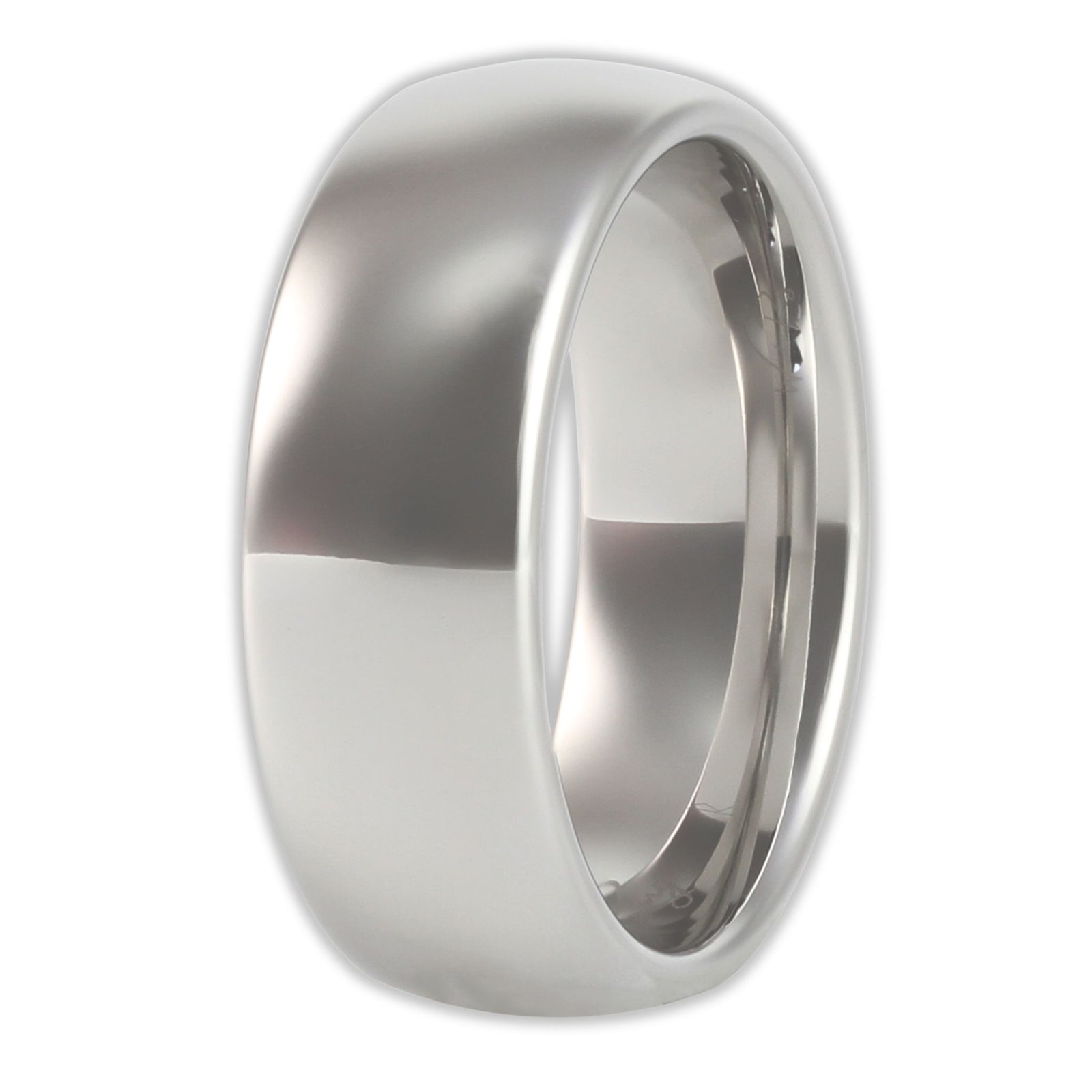 Front view of white gold tungsten ring with smooth polished finish and 8mm band