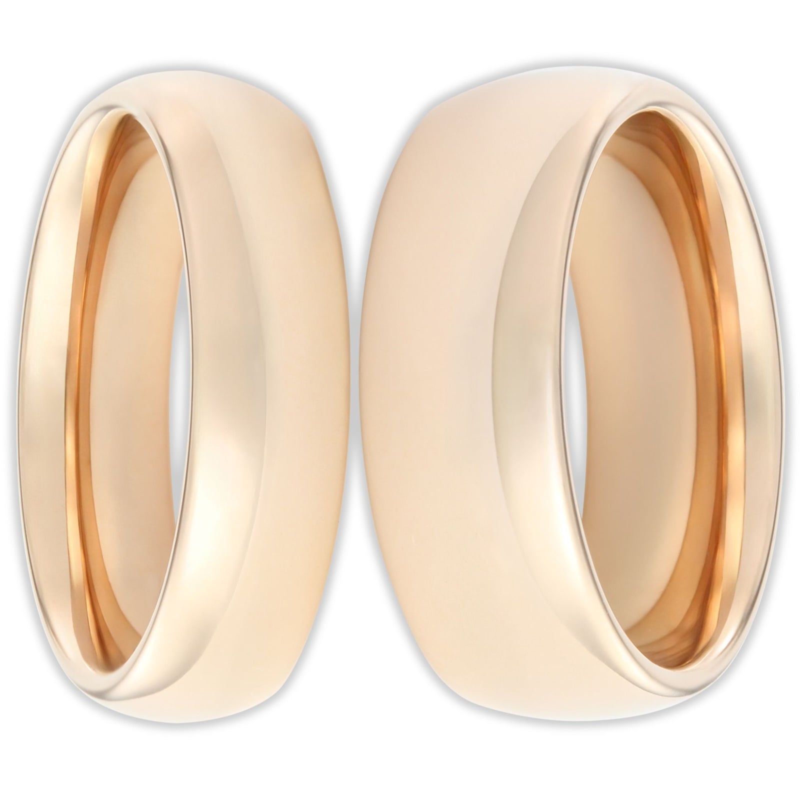 Front view of rose gold tungsten rings with smooth polished finish and 8mm and 6mm bands