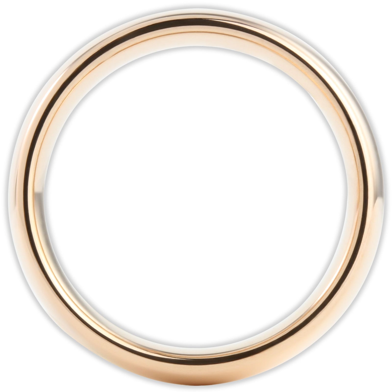 Side profile of rose gold tungsten ring showing curved band and smooth edges