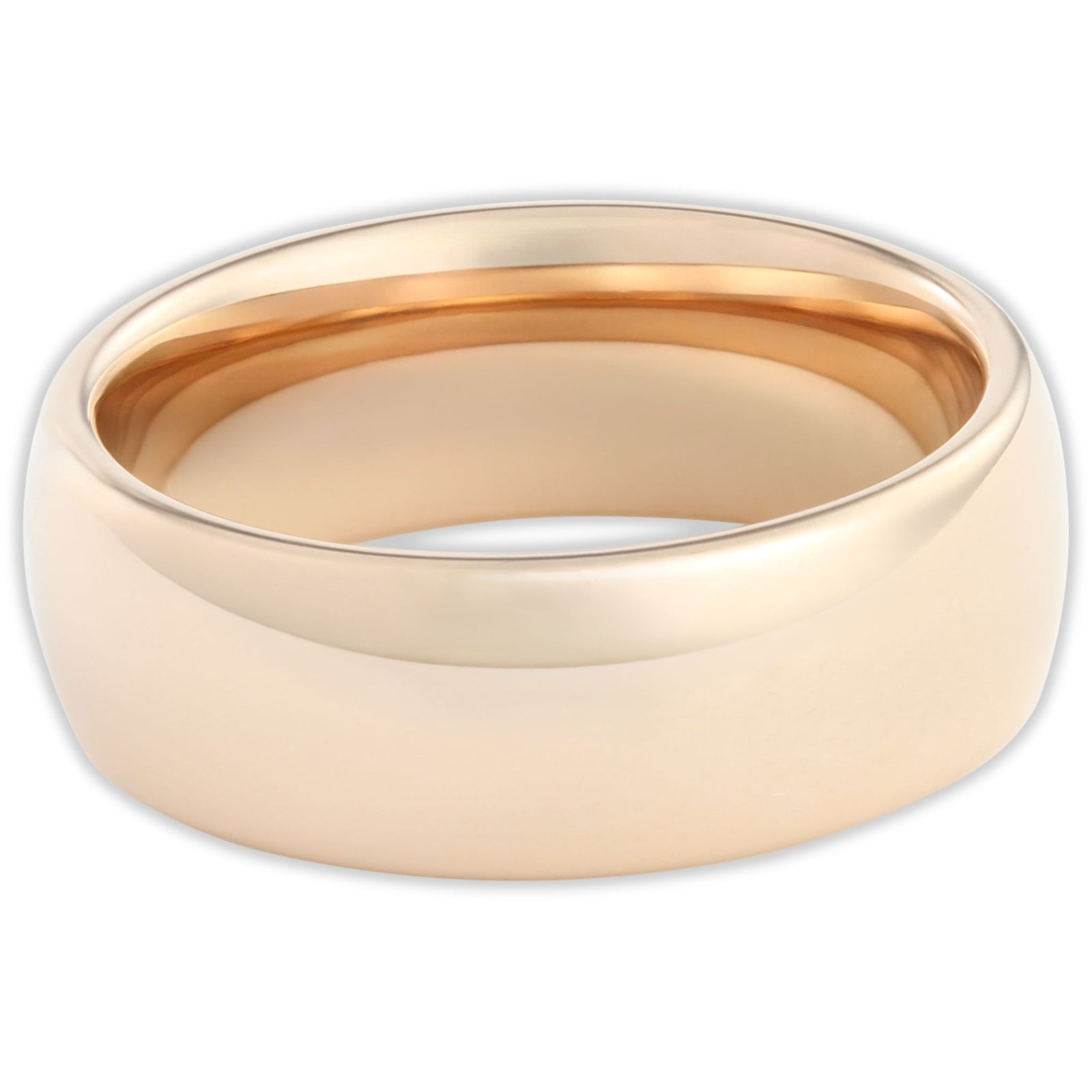 Top view of rose gold tungsten ring with high-shine polished surface and 8mm band