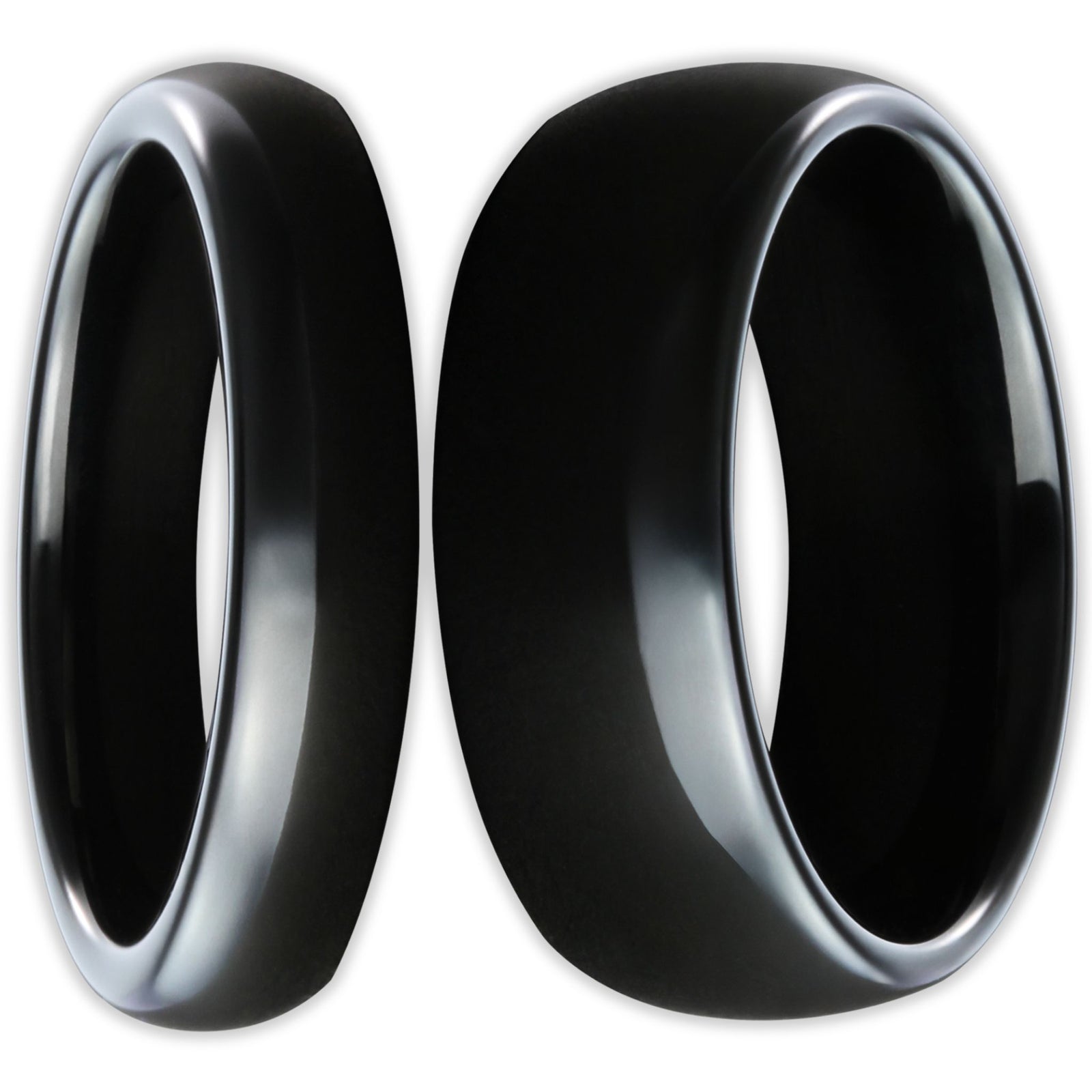 Front view of black tungsten rings with smooth polished finish and 8mm and 4mm bands