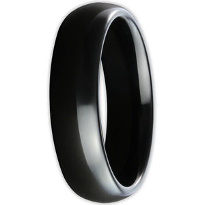 Front view of black tungsten ring with smooth polished finish and 6mm band