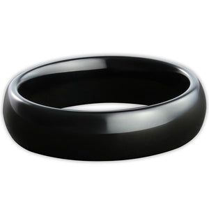 Top view of black tungsten 6mm ring with high-shine polished surface