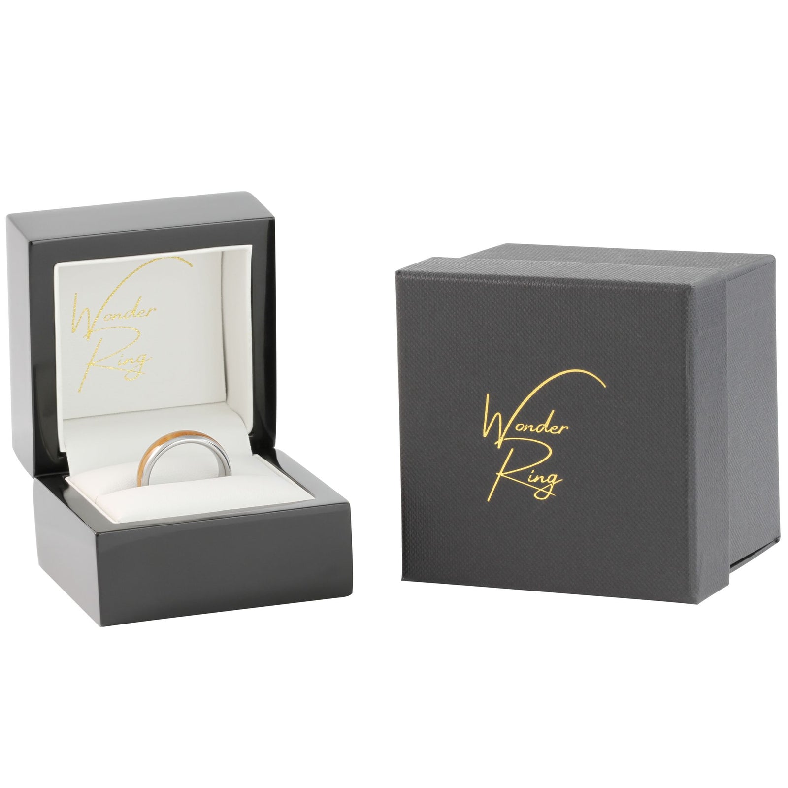 Tungsten 6mm ring with whisky barrel wood inlay presented in gift box