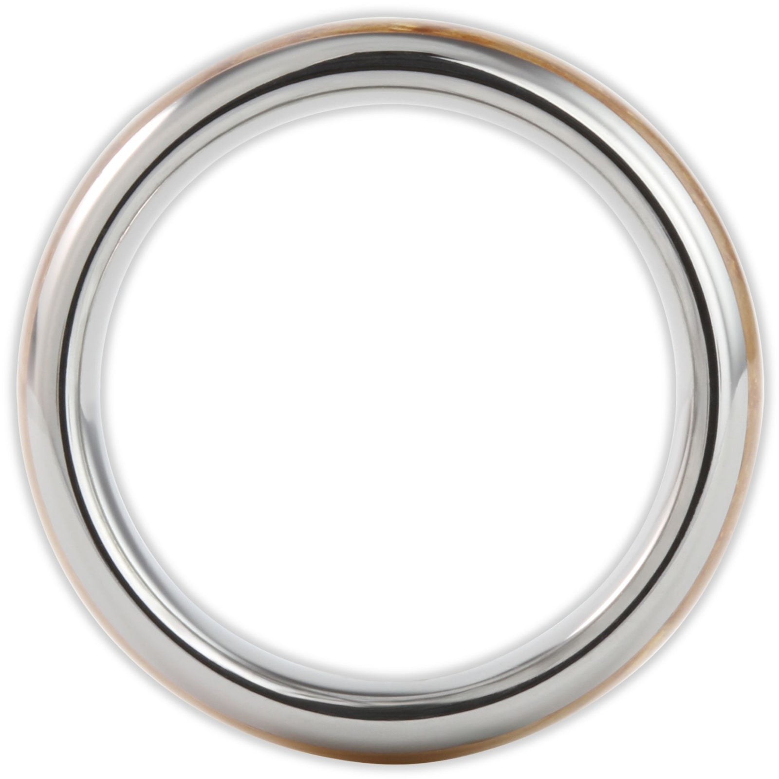 Side profile of tungsten ring showing 6mm band depth and domed exterior with wood inlay