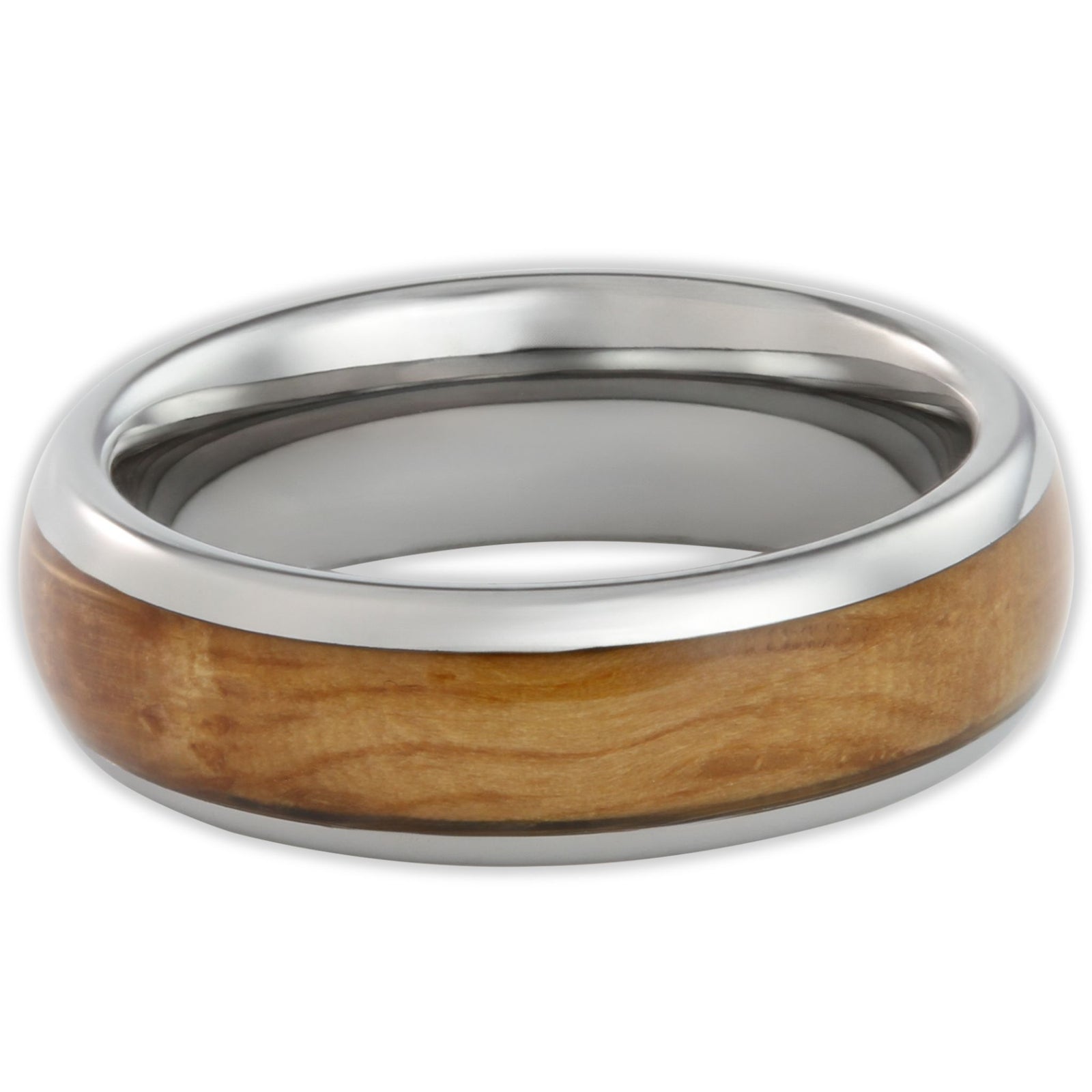 Top view of tungsten 6mm ring with whisky barrel wood insert and smooth polished surface