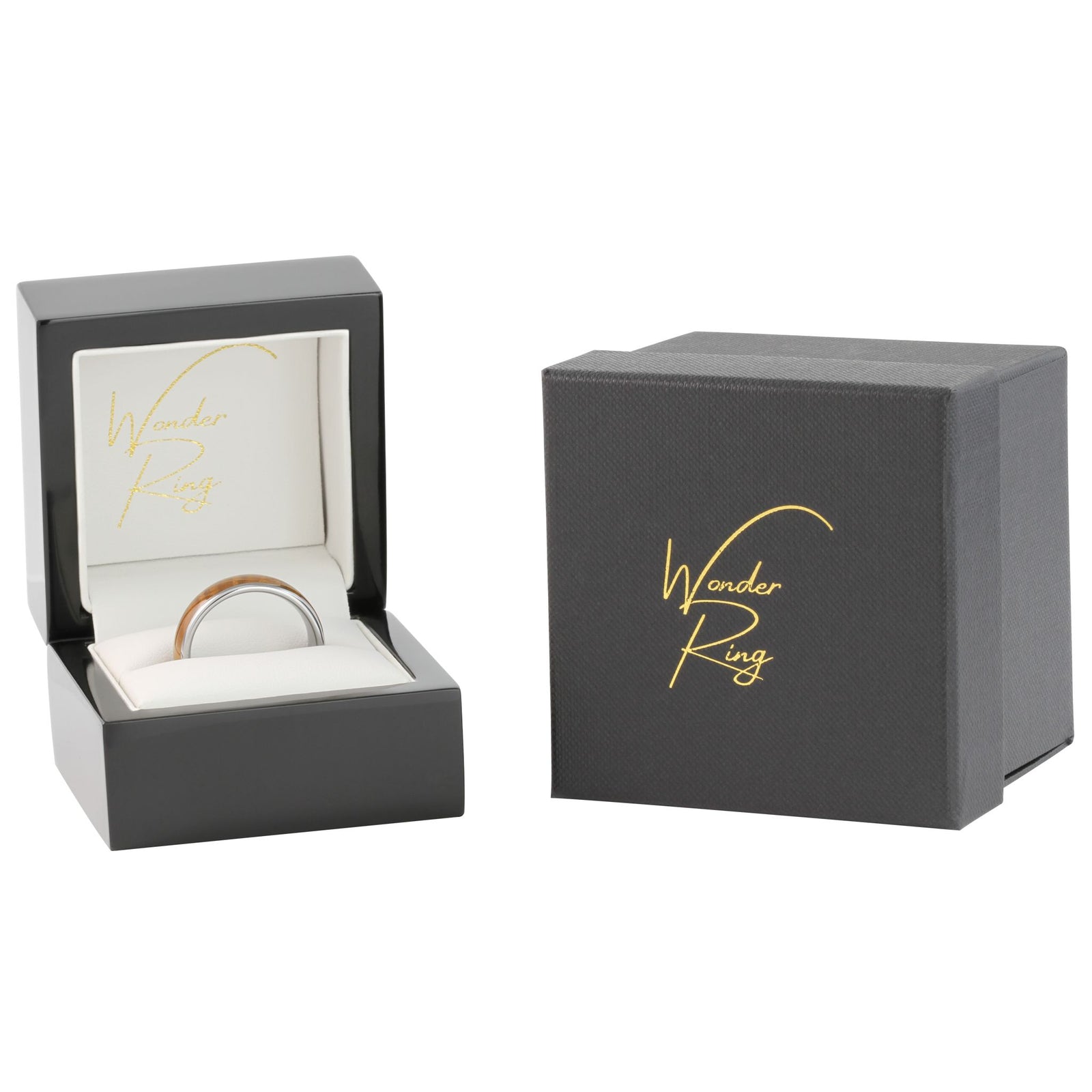 Tungsten 8mm ring with whisky barrel wood inlay presented in gift box
