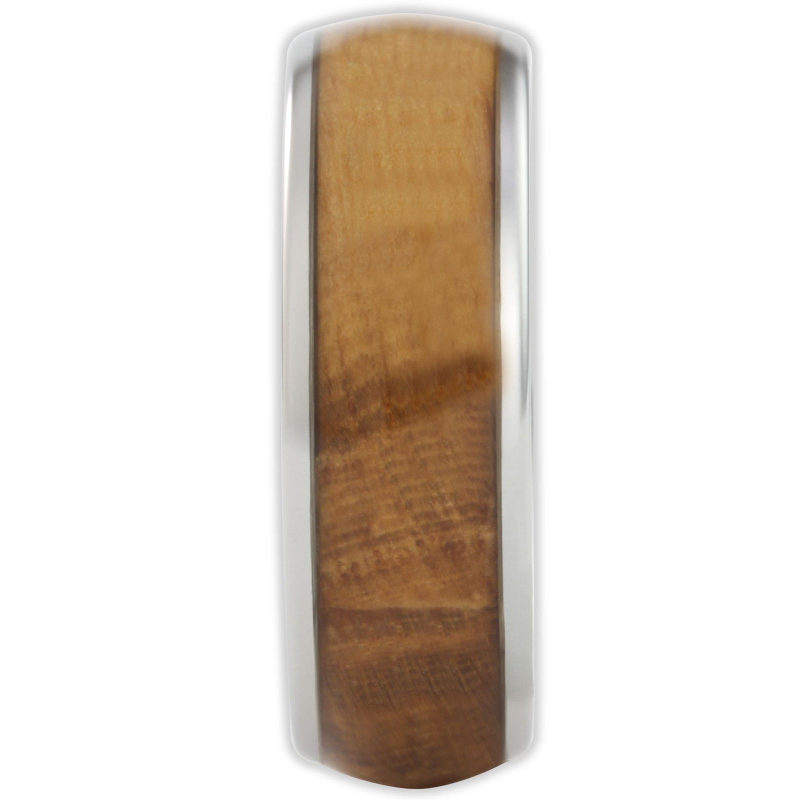 End view of tungsten ring showing 8mm band width and wood inlay detail