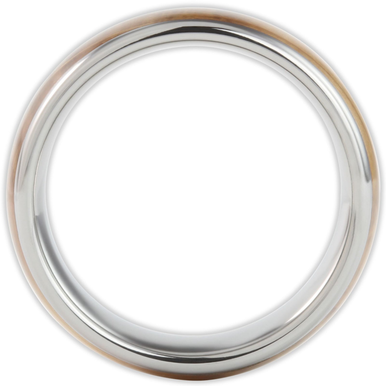 Side profile of tungsten ring showing 8mm band depth and domed exterior with wood inlay