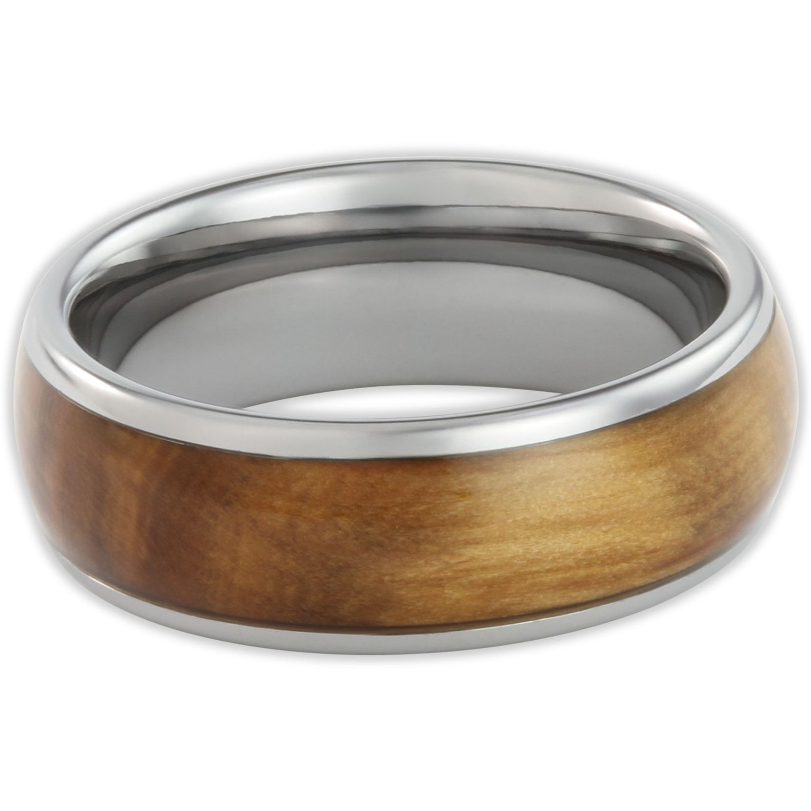 Top view of tungsten 8mm ring with whisky barrel wood insert and smooth polished surface