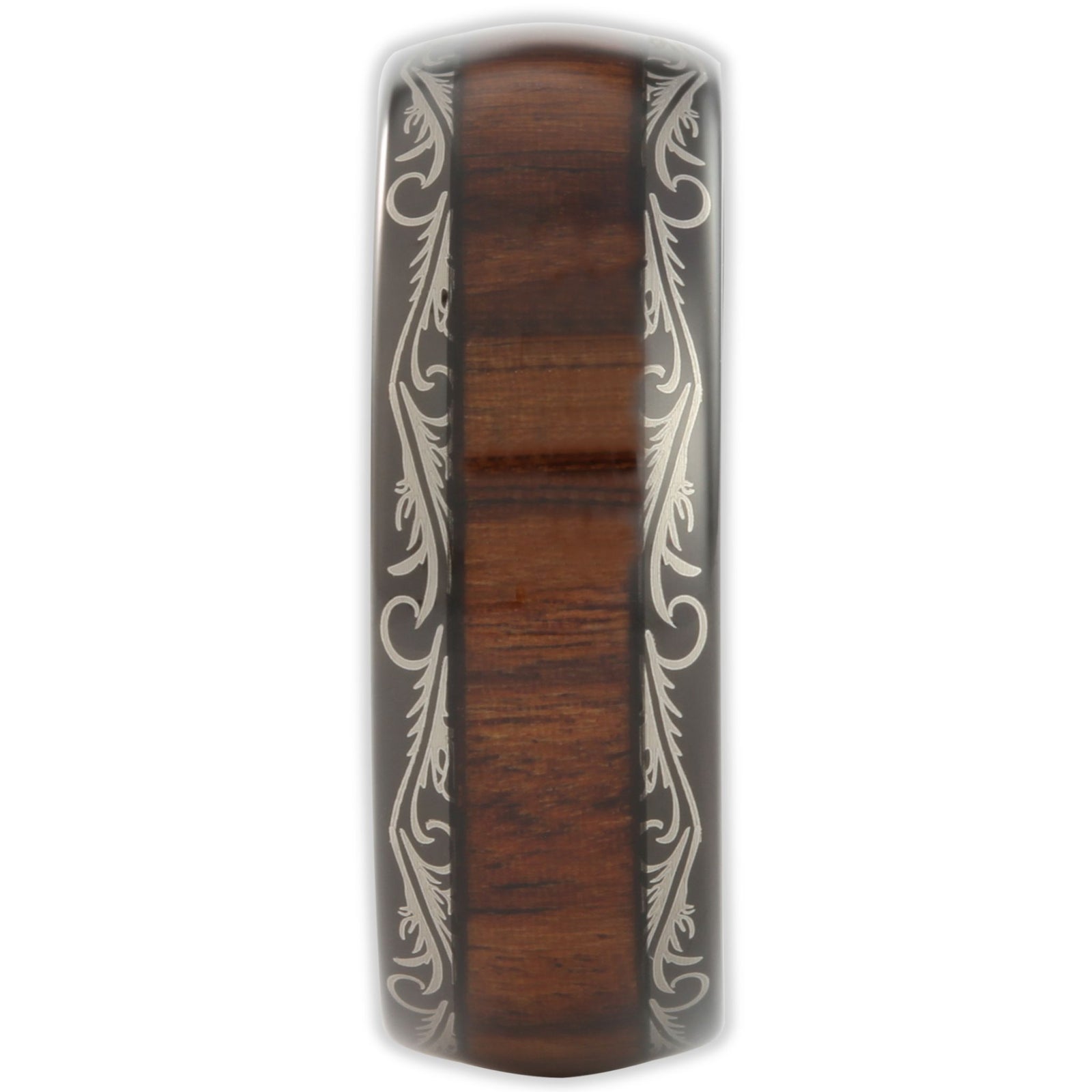 End view of tungsten ring showing band thickness and wood inlay detail