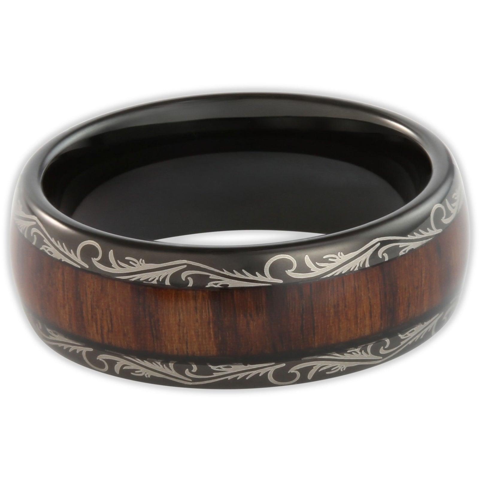 Top view of tungsten ring with dark wood insert and smooth polished edges