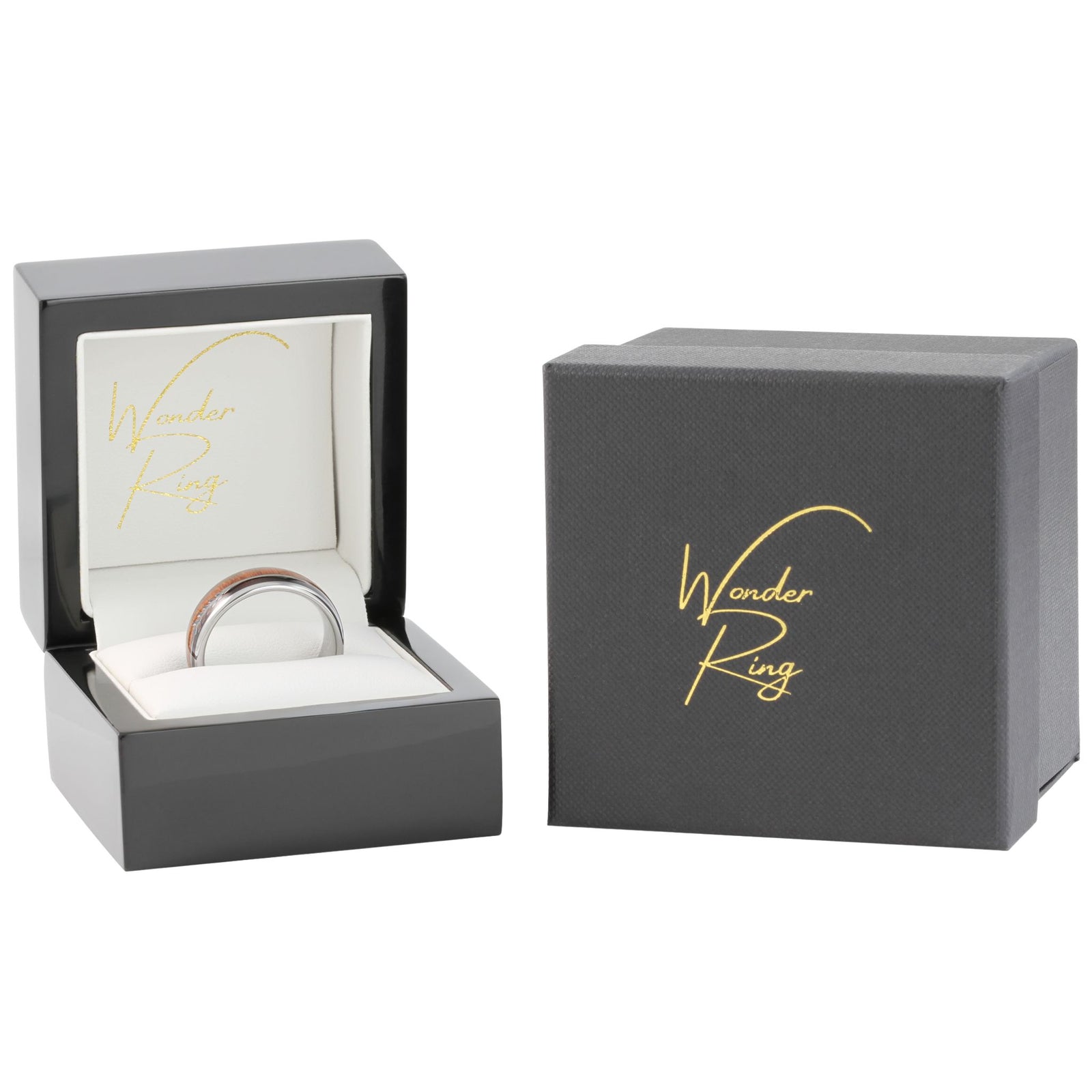 Silver tungsten 8mm ring with arrow and wood inlay presented in gift box