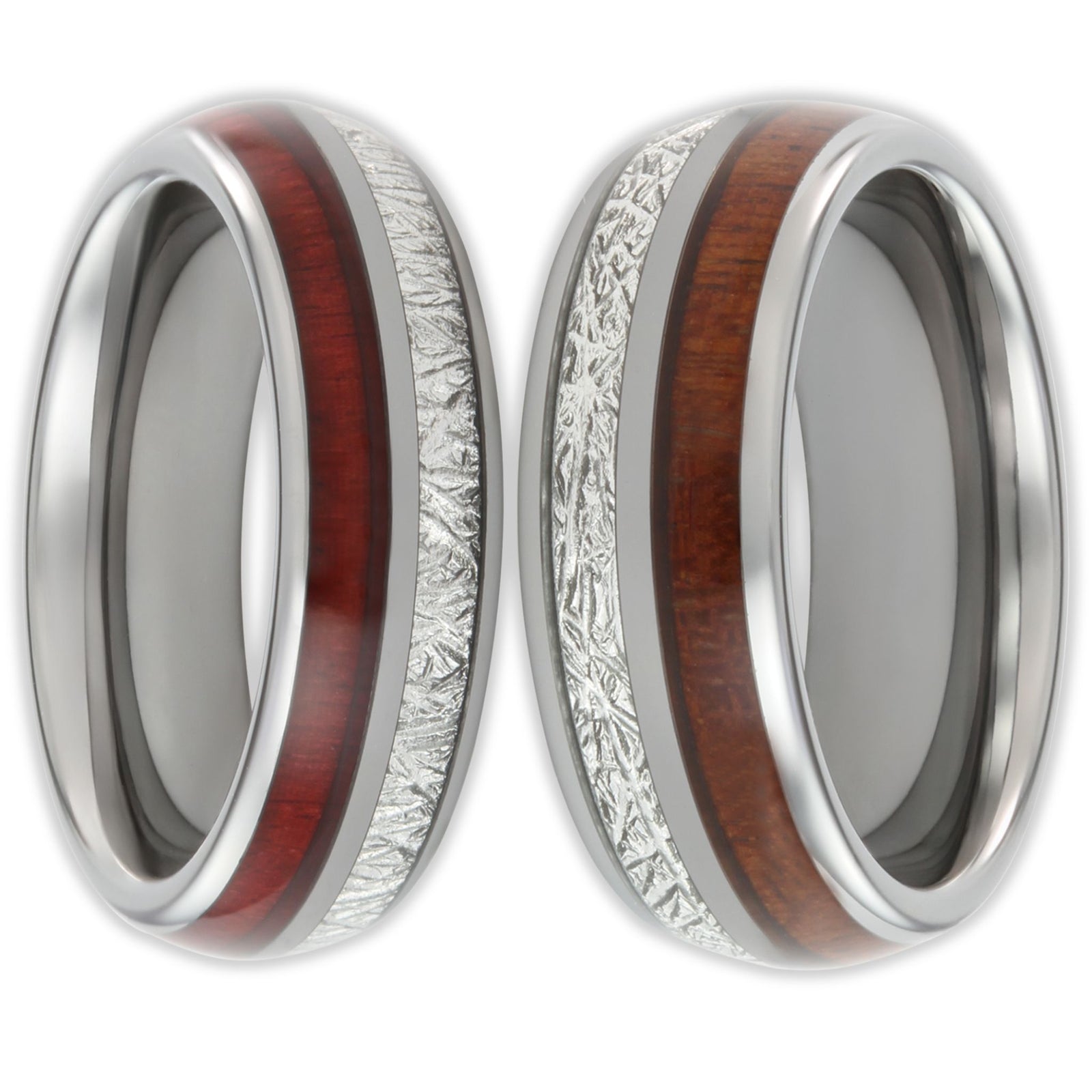 Front view of tungsten ring with wood inlay and stainless steel strands in split design in 6mm and 8mm band