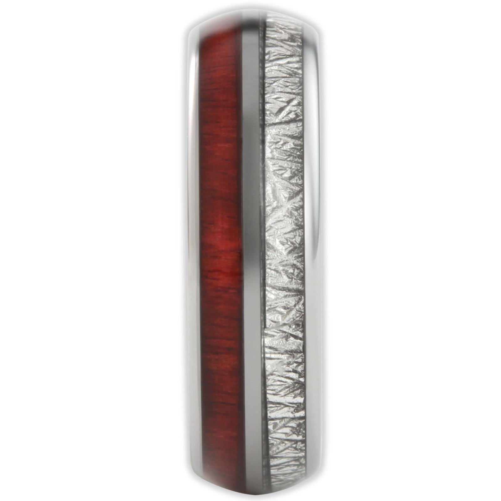 End view of tungsten ring showing band thickness and split inlay with wood and steel detail and 6mm band