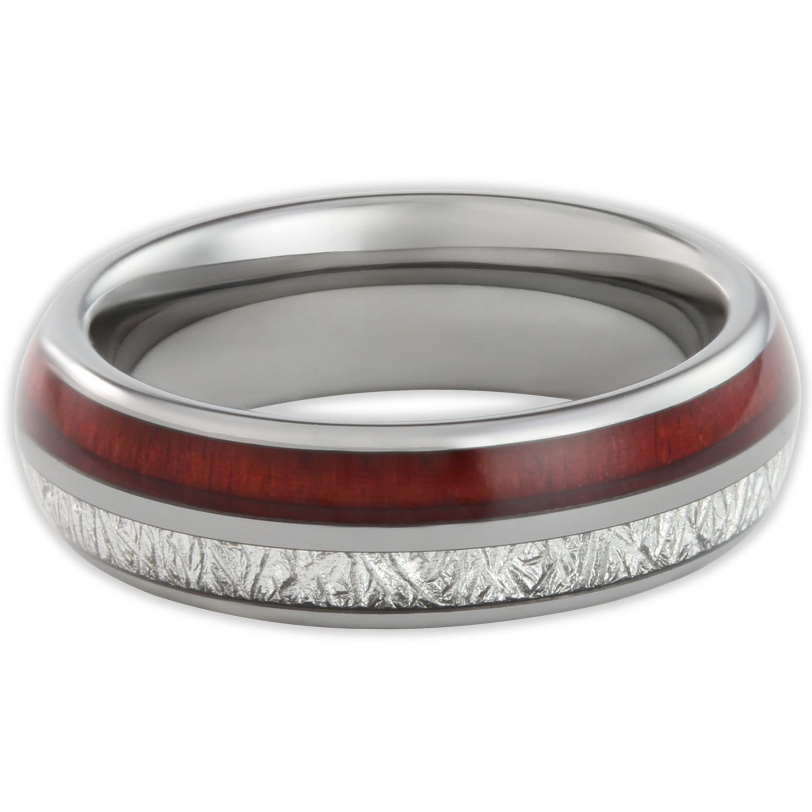 Top view of tungsten ring with wood insert and silver stainless steel strand inlay and 6mm band