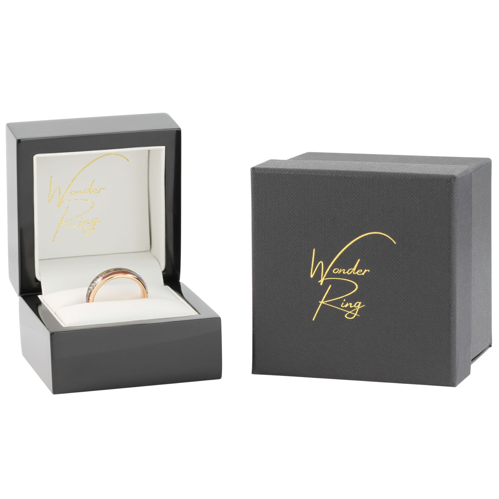 Rose gold tungsten 6mm ring with arrow and wood inlay presented in gift box