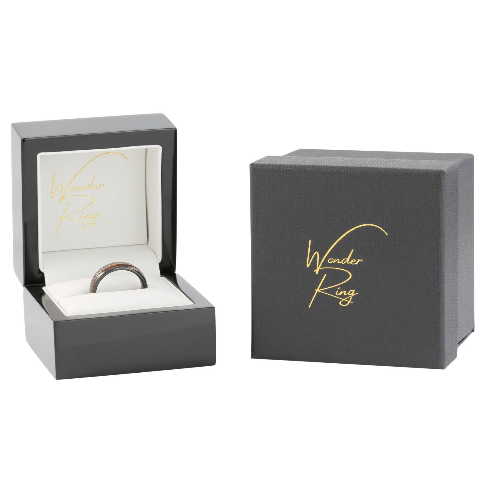 Black tungsten 6mm ring with arrow and wood inlay presented in gift box