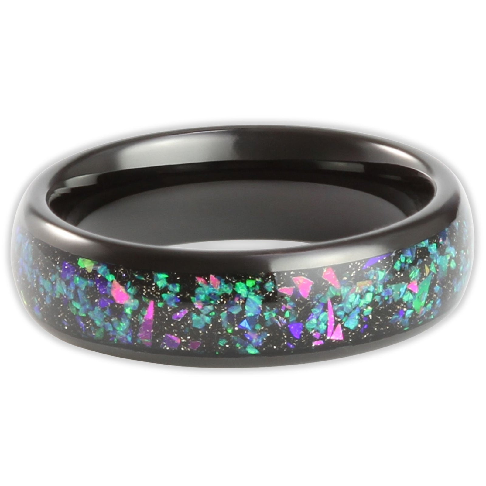 Top view of black tungsten 6mm ring with crushed blue and green opal insert