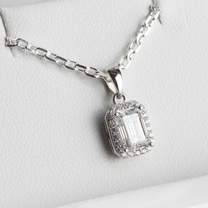 White Gold 1ct Emerald Cut Moissanite Silver Dazzle Pendant Necklace