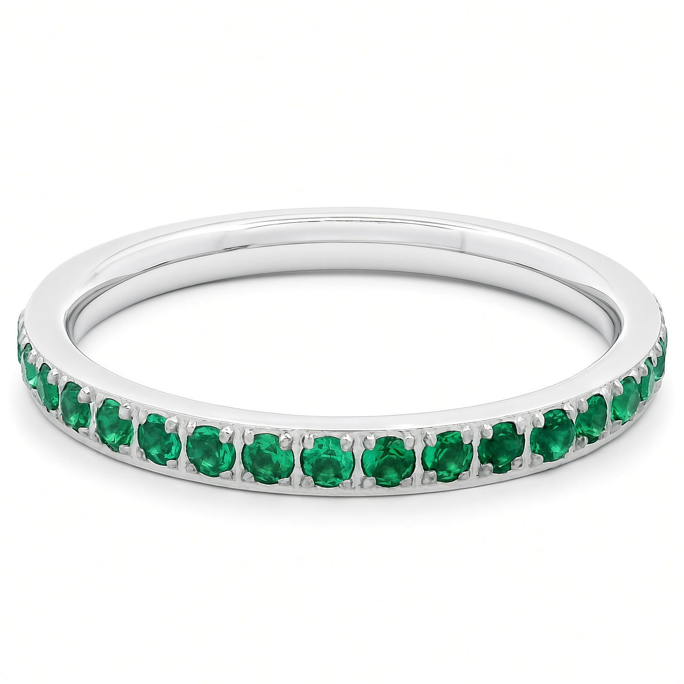 2mm White Gold Full Glitz Eternity Ring | Emerald Green Cubic Zirconia Stacking Ring