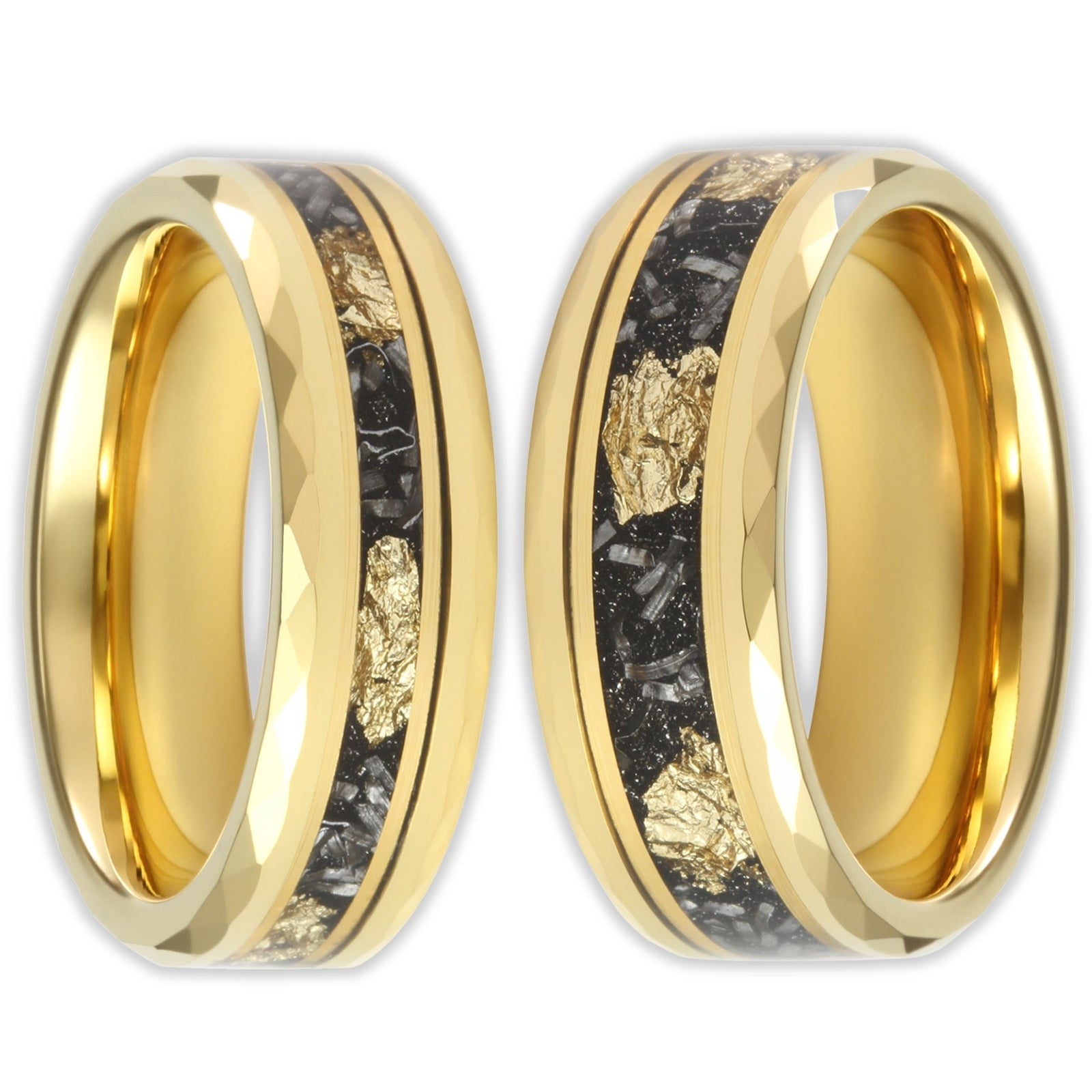 Front view of gold tungsten ring with gold flake inlay and faceted edges in 6mm and 8mm band