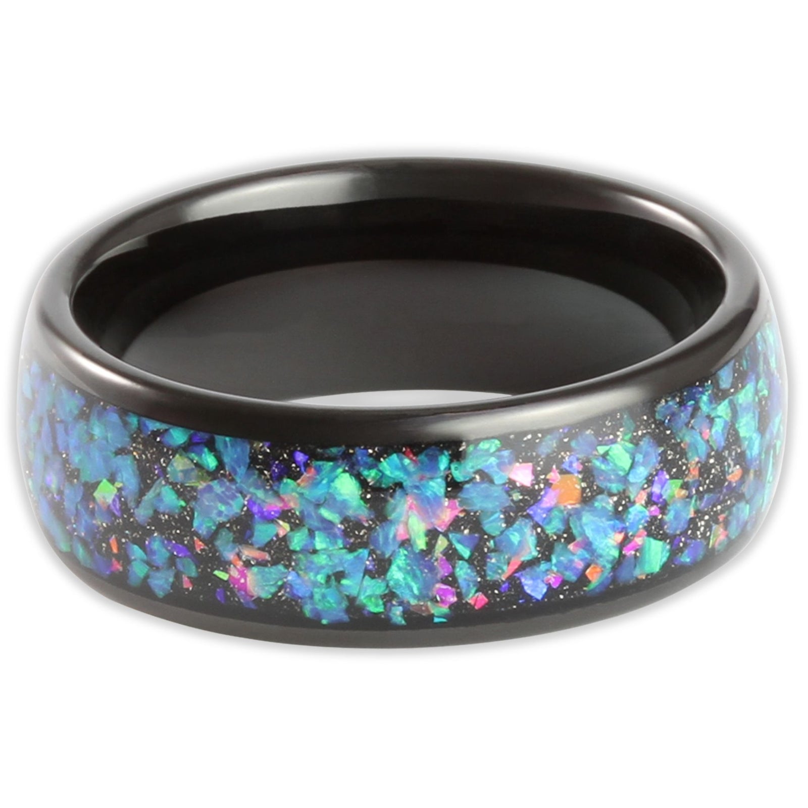 Top view of black tungsten 8mm ring with crushed blue and green opal insert