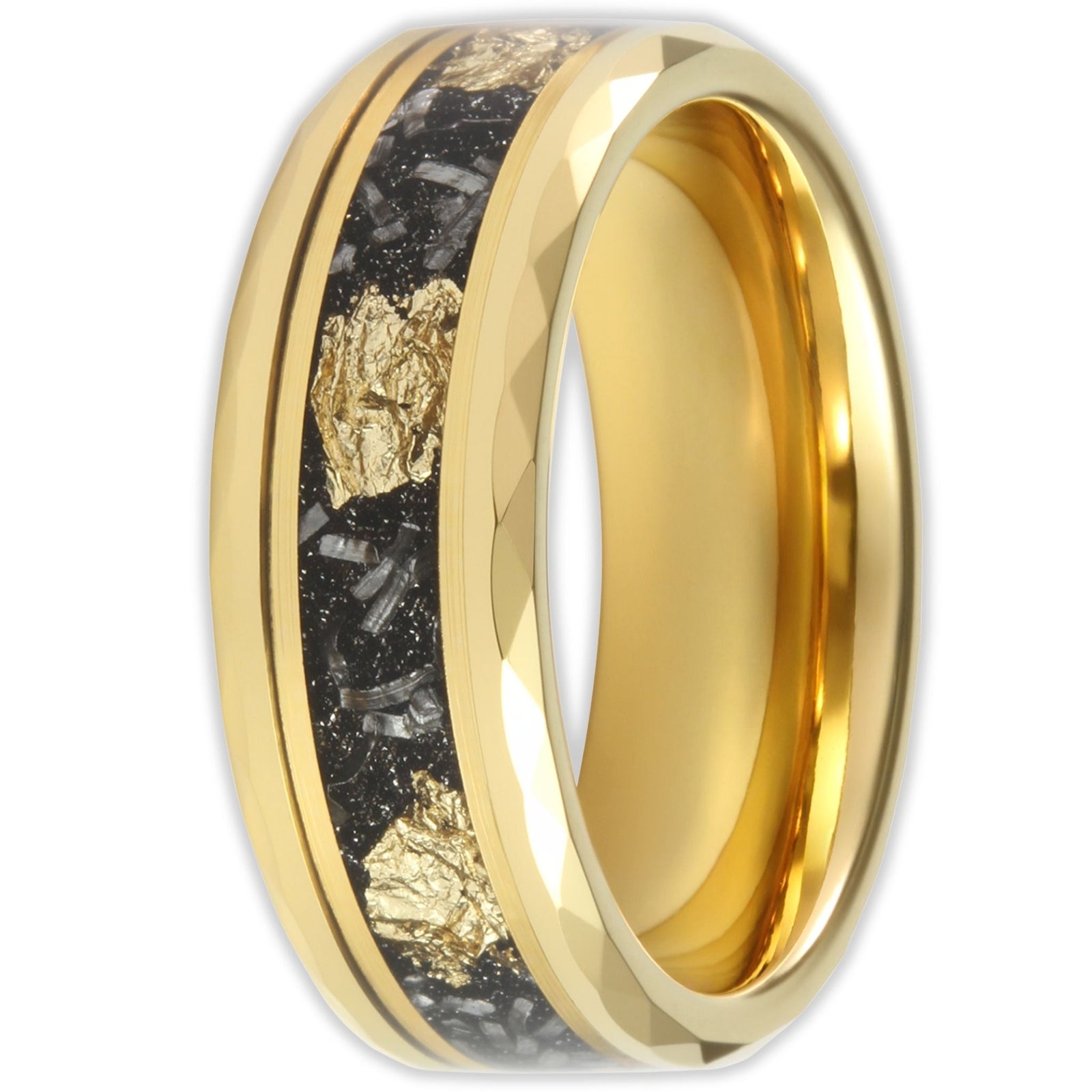 Front view of gold tungsten ring with gold flake inlay and faceted edges in 8mm band