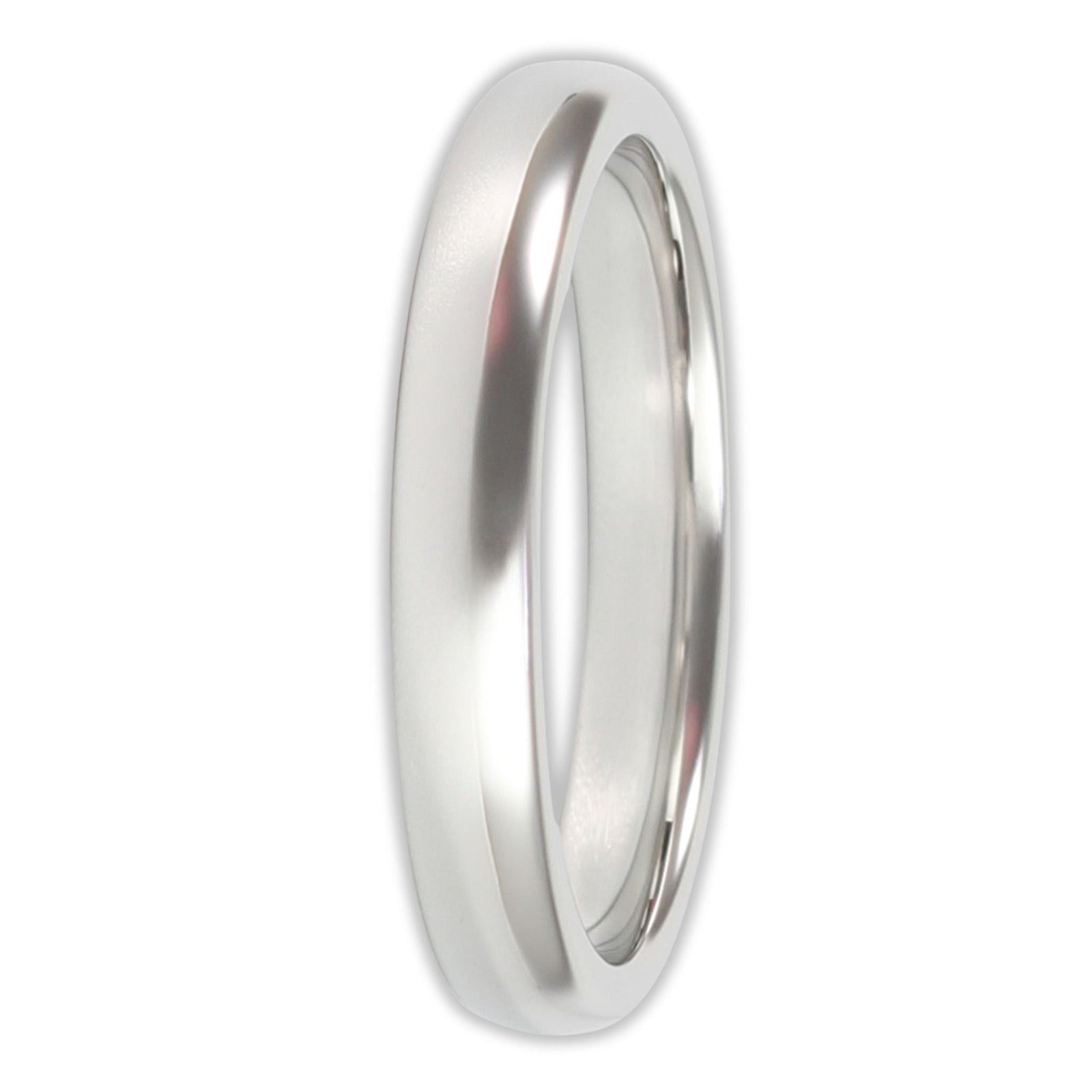 Front view of white gold tungsten ring with smooth polished finish and 3mm band