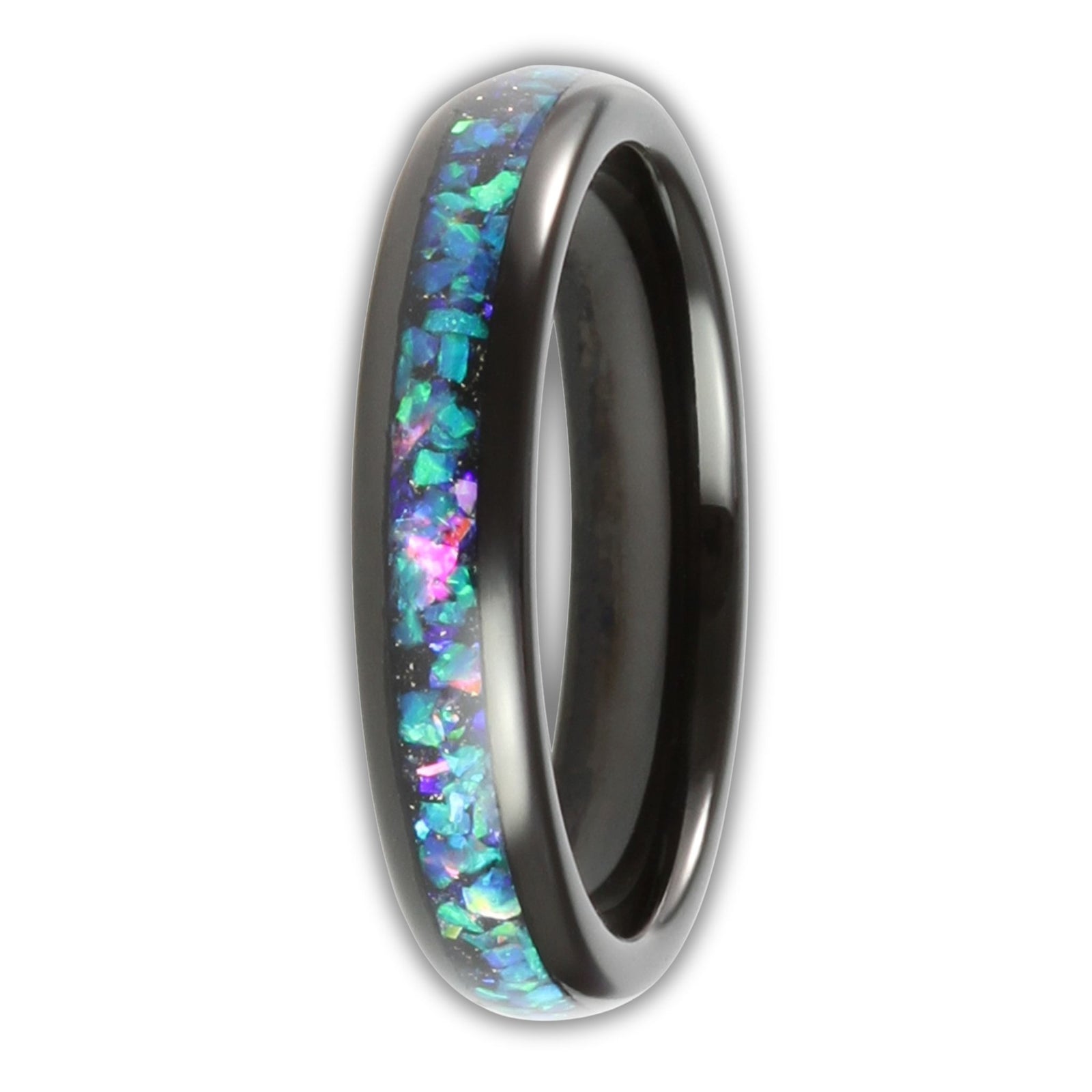 Front view of black tungsten ring with blue and green opal inlay and polished domed finish in 4mm band