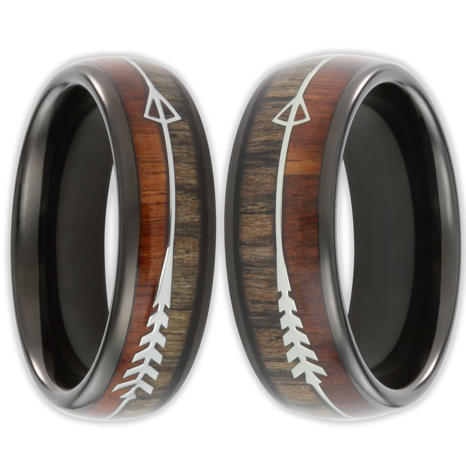 Front view of black Harold arrow wood inlay tungsten rings with smooth polished finish and 8mm and 6mm bands
