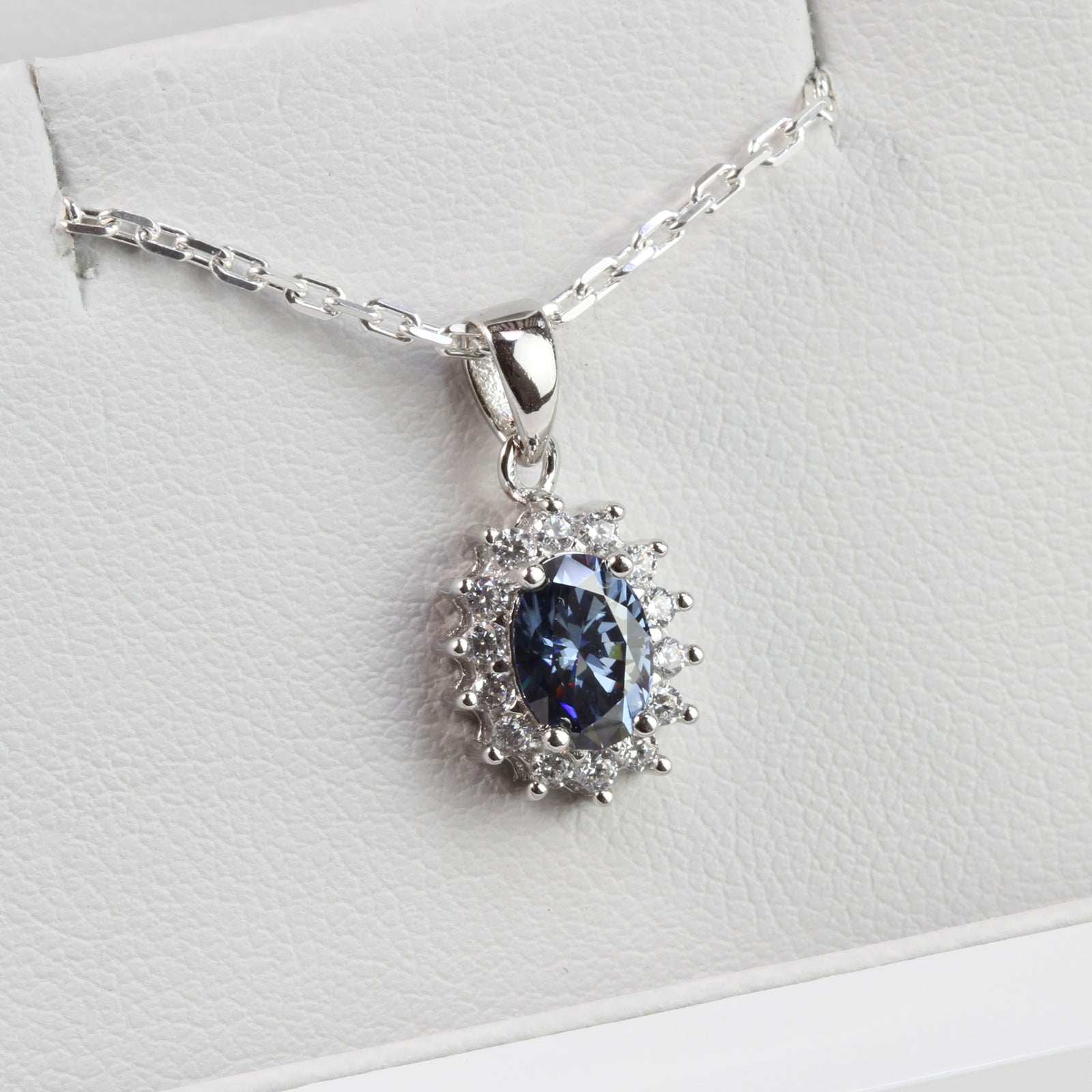 White Gold 1ct Oval Blue Moissanite Halo Silver Dazzle Pendant Necklace