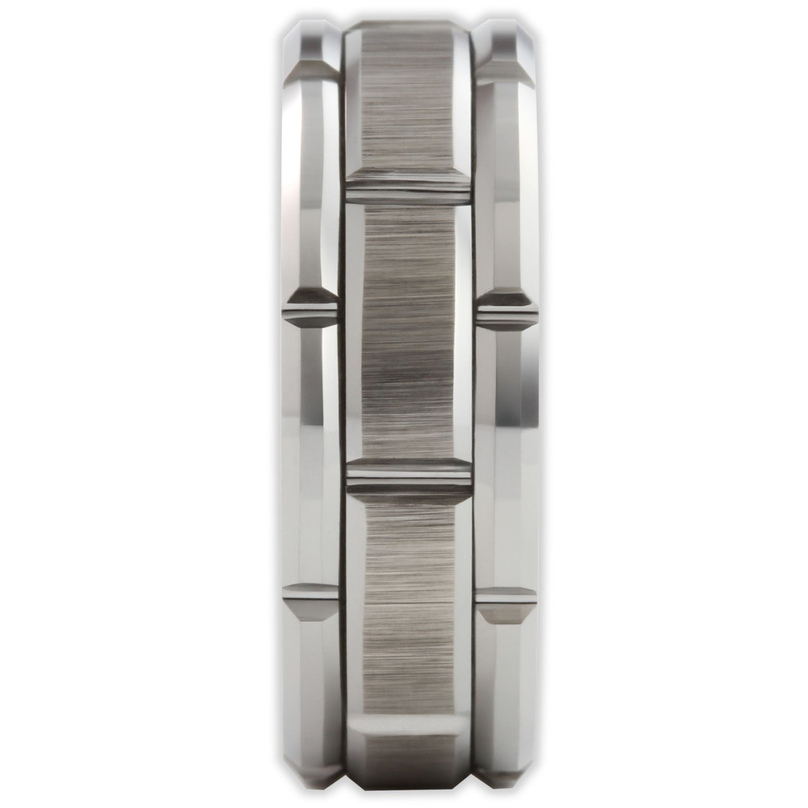 End view of tungsten brick pattern ring showing 8mm band width and edge profile